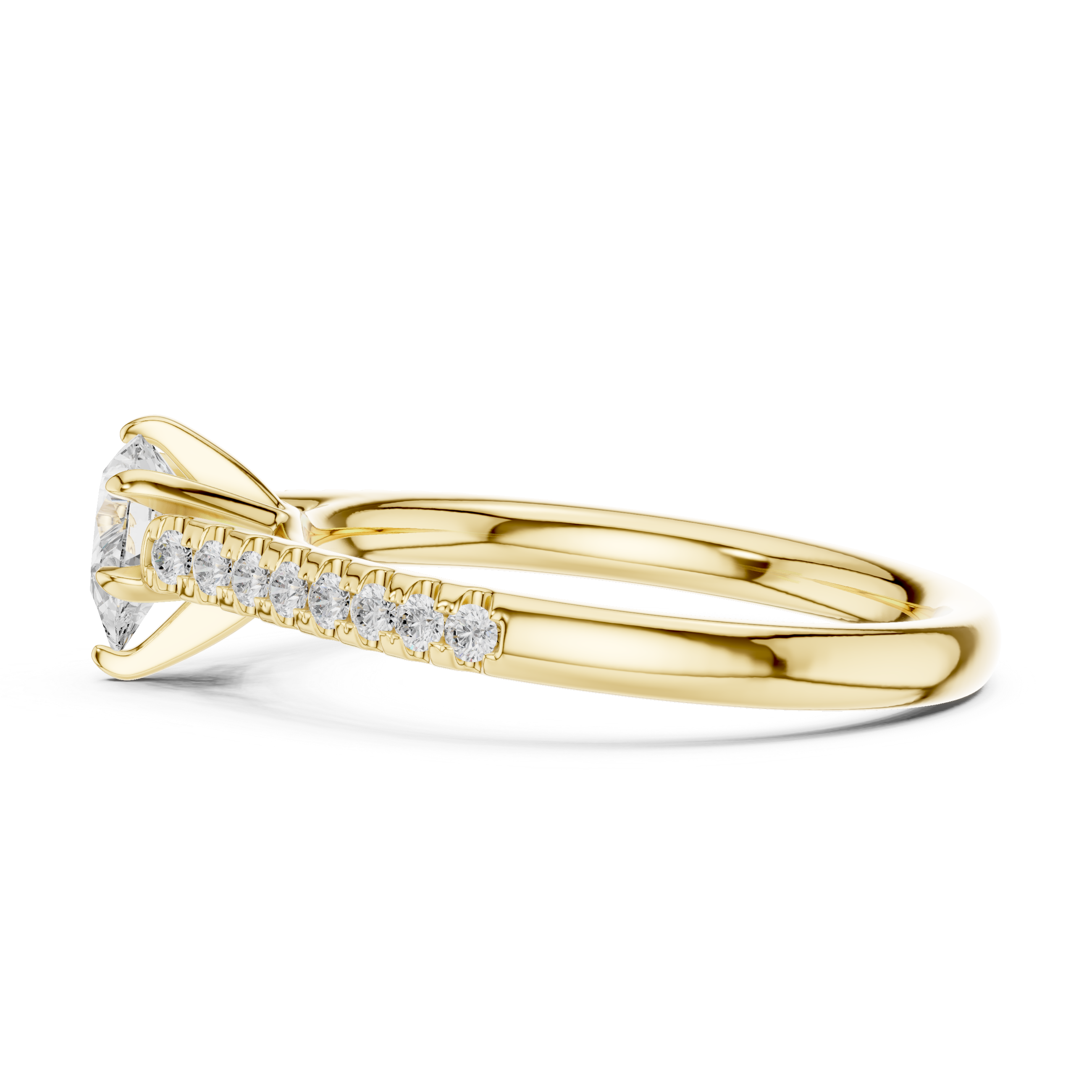 Gold ring with diamond accents on a white background