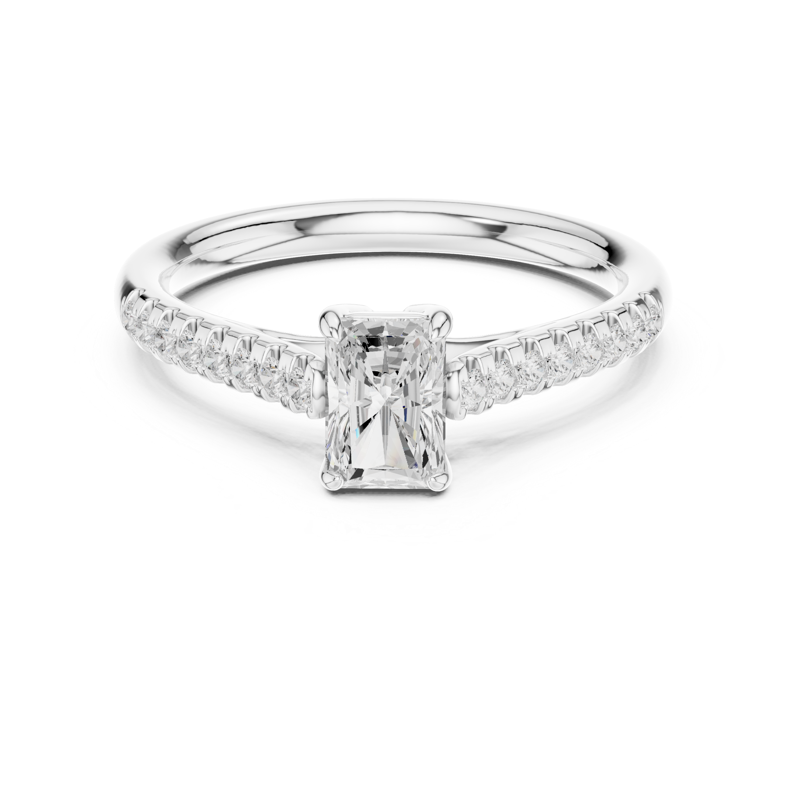 Diamond ring with a central gemstone and smaller diamonds on a white background