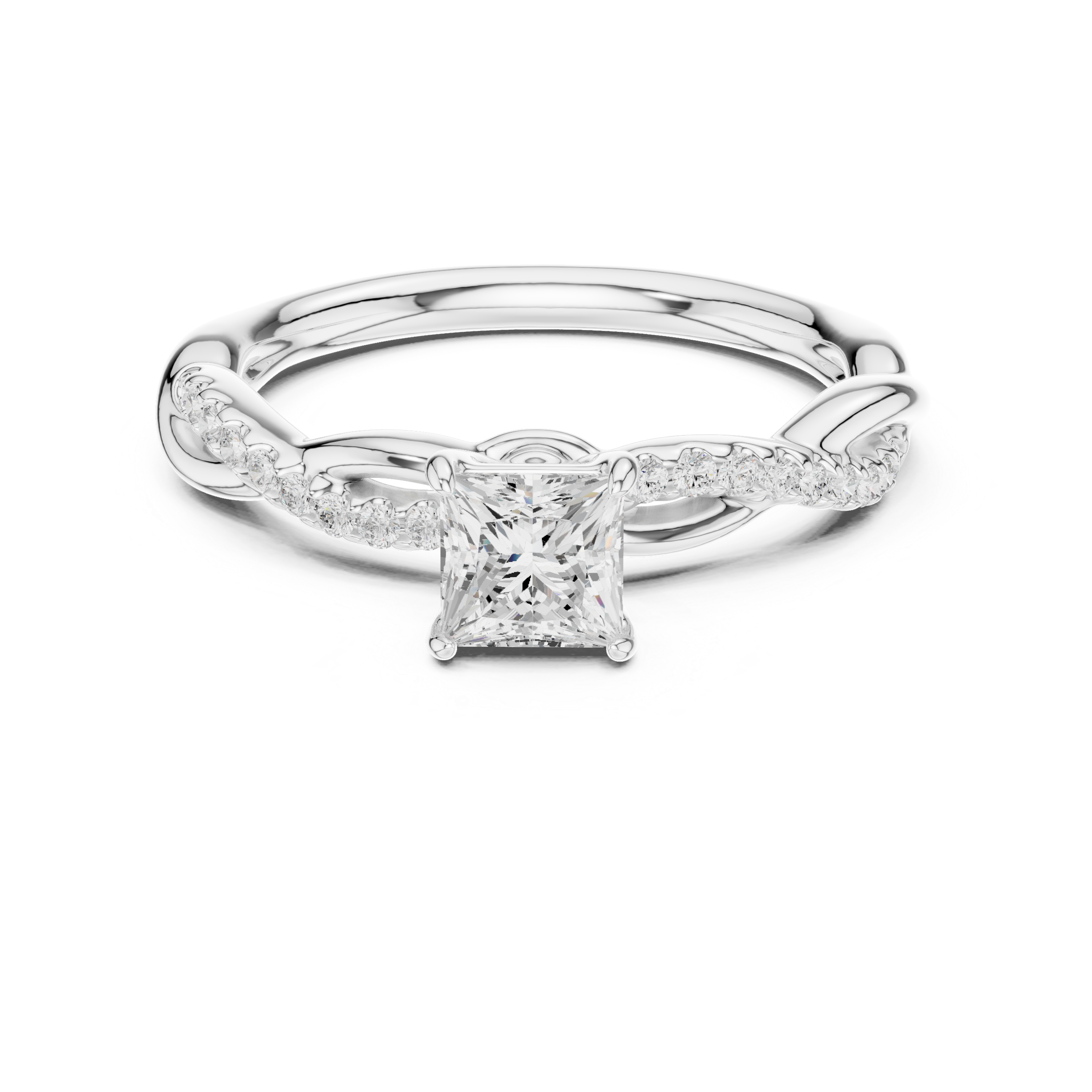 Diamond ring with a princess-cut center stone on a white background