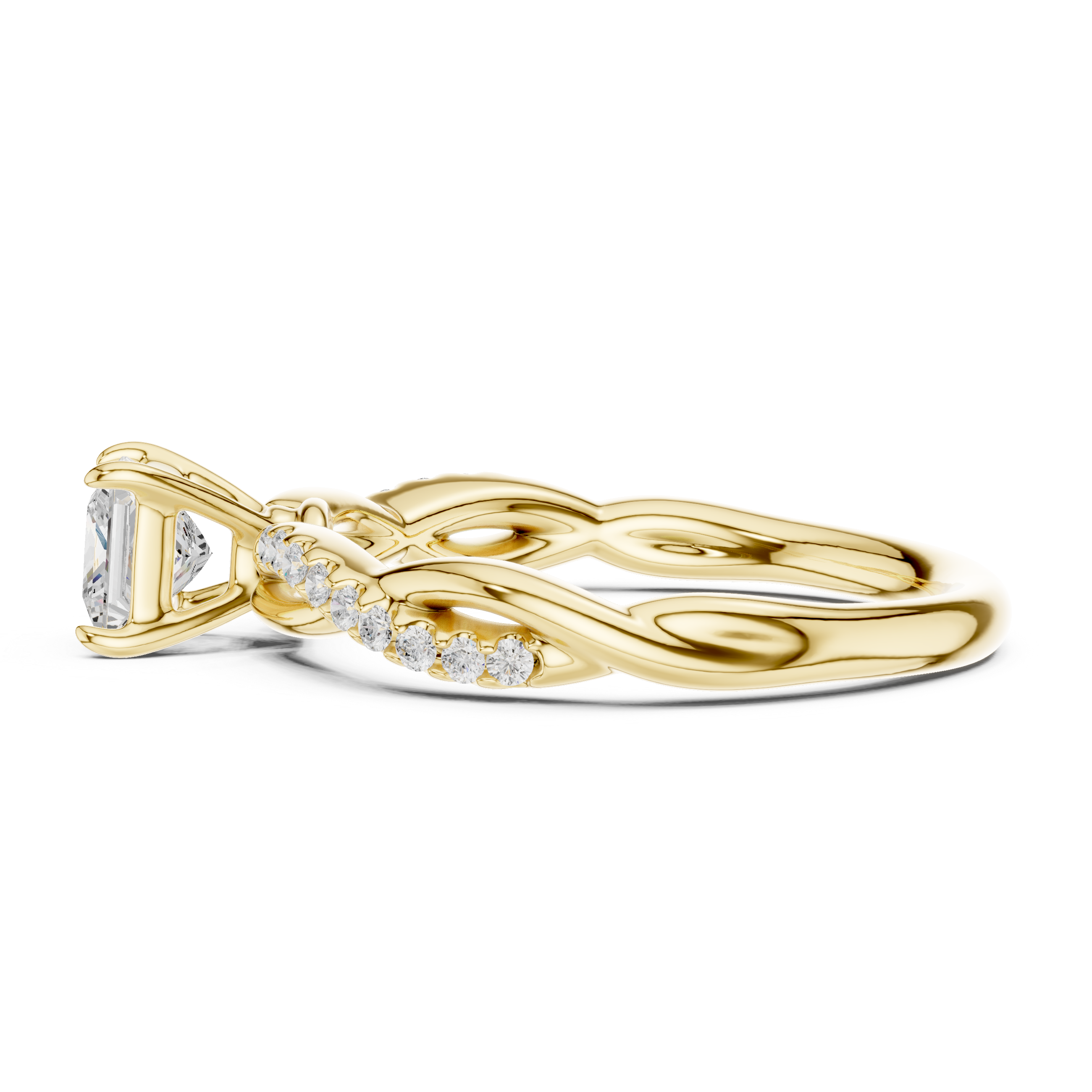 Gold ring with diamond accents on a white background