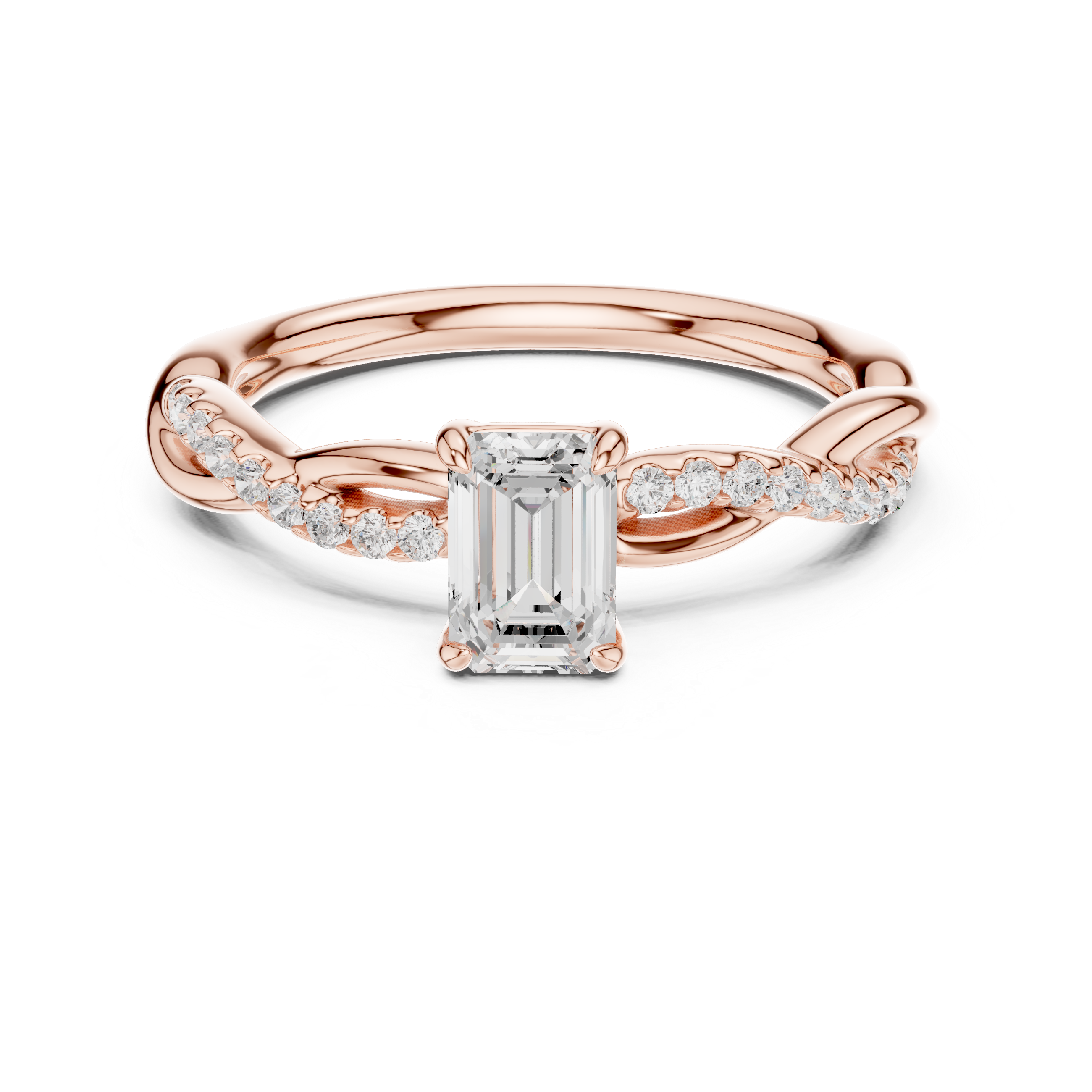 Rose gold ring with emerald-cut diamond on a white background
