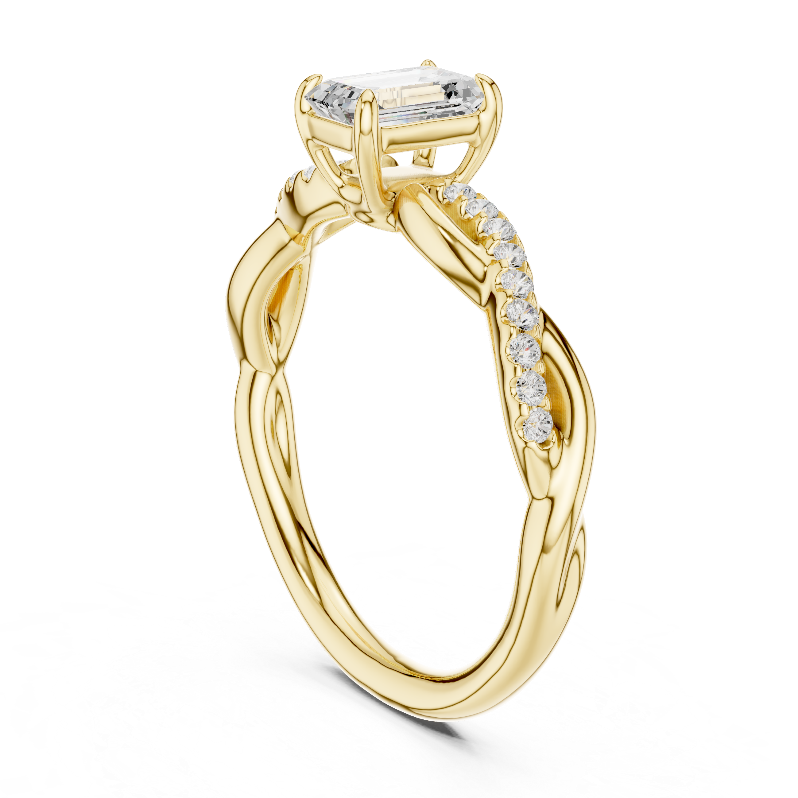 Gold ring with diamond accents on a white background