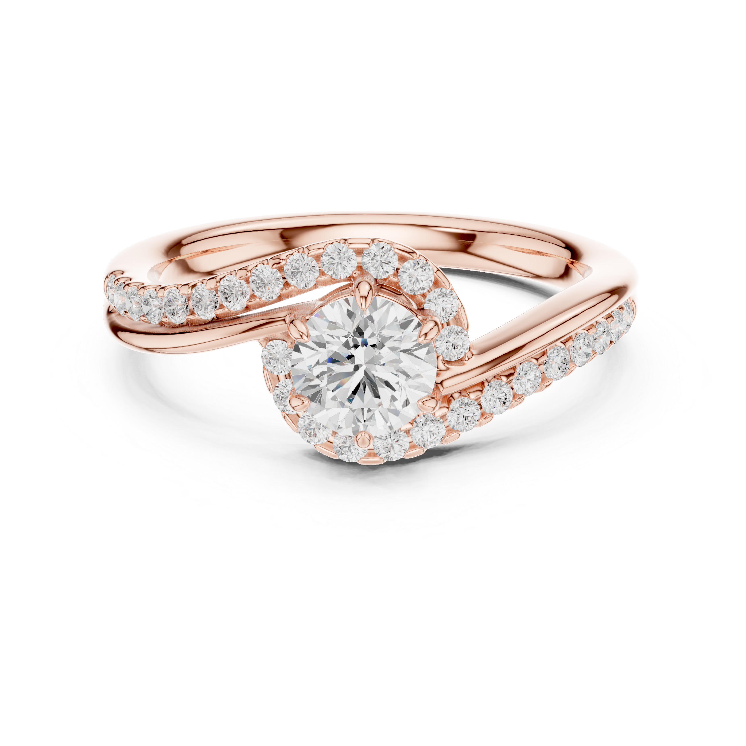 Rose gold ring with diamond accents on a white background