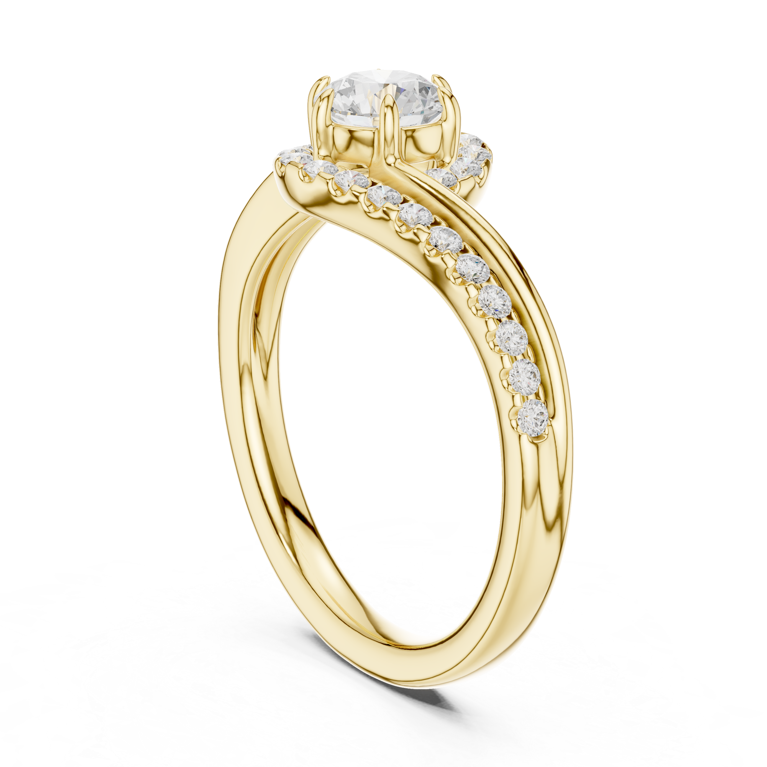 Gold ring with diamond accents on a white background