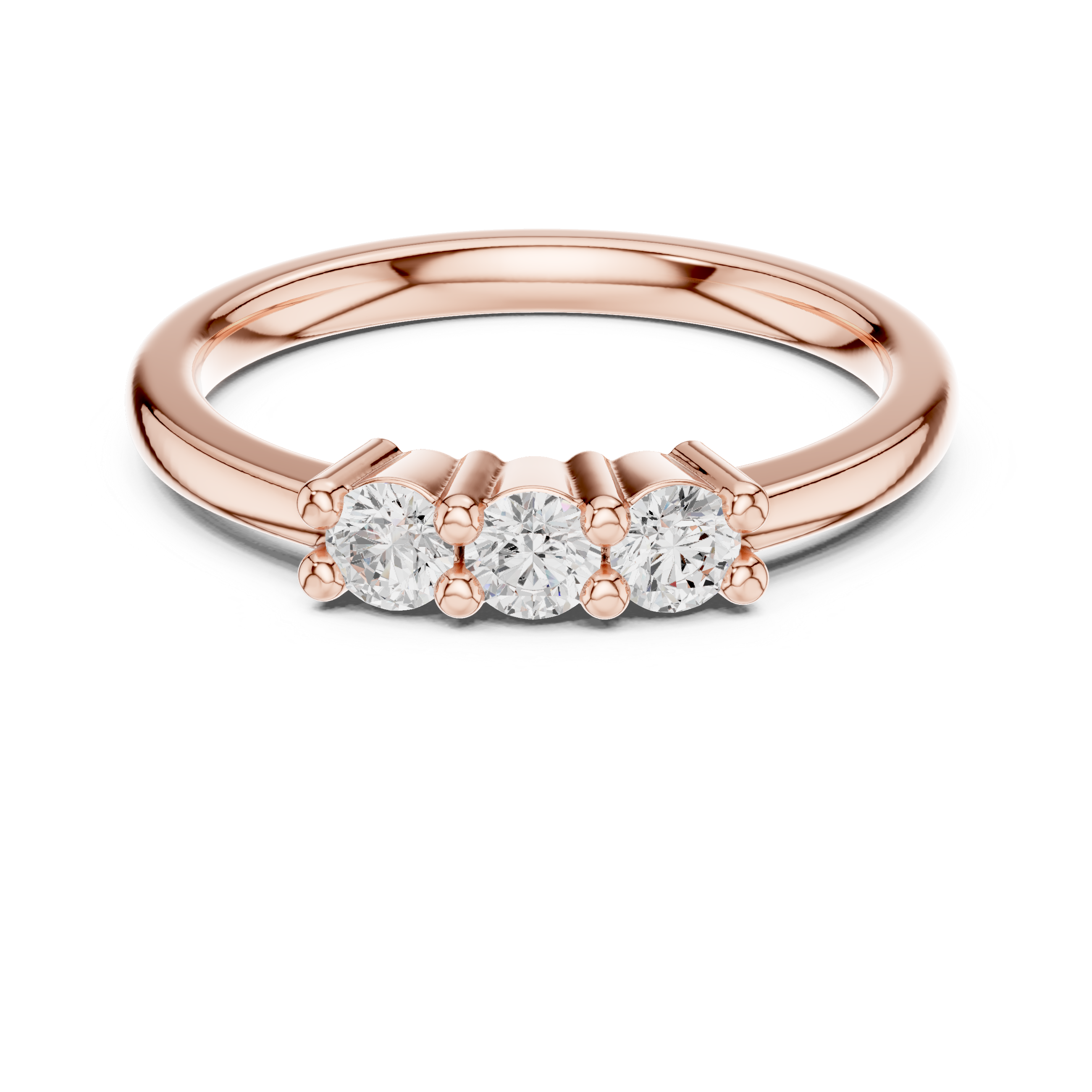 Rose gold ring with three diamonds on a white background