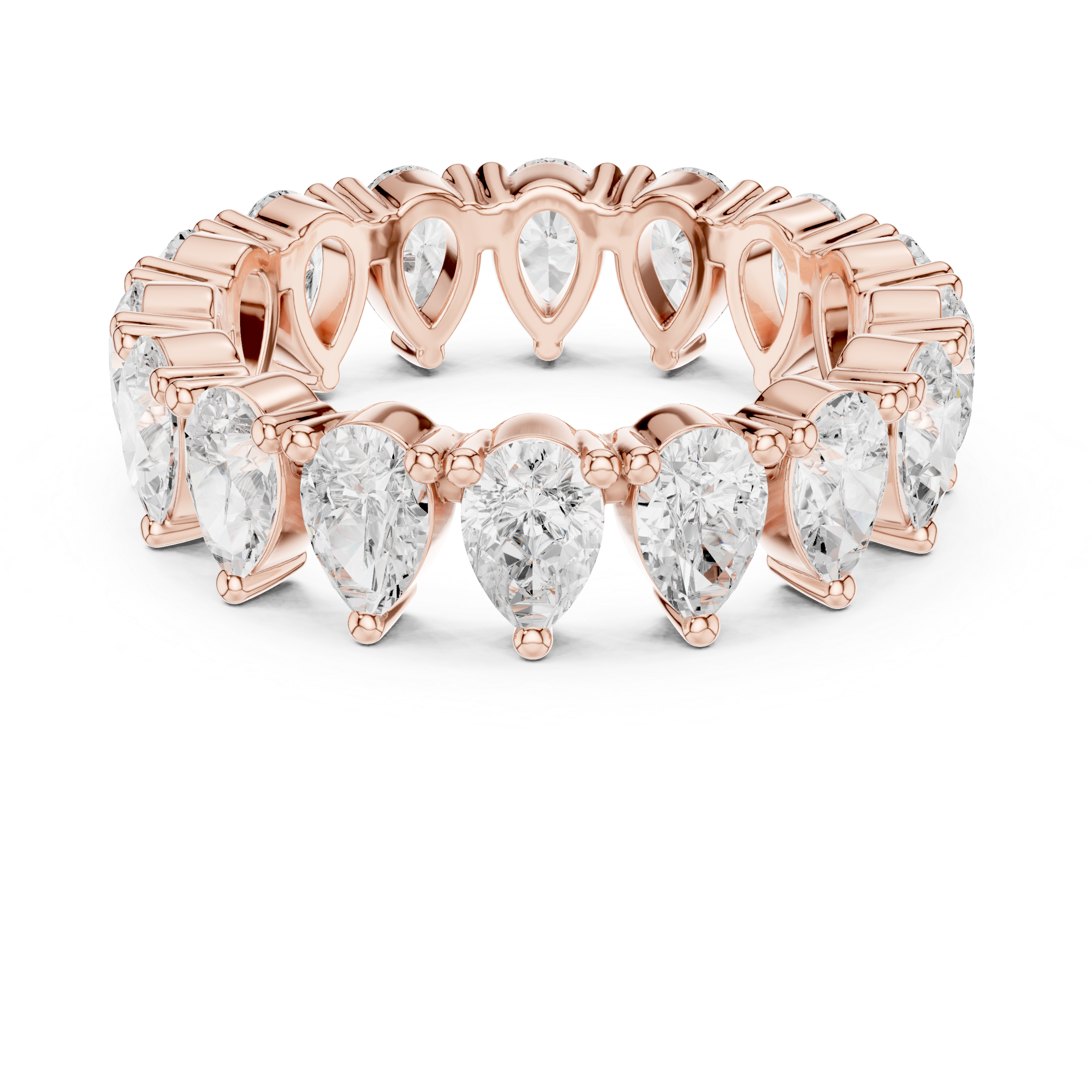 Rose gold ring with pear-shaped diamonds on a white background