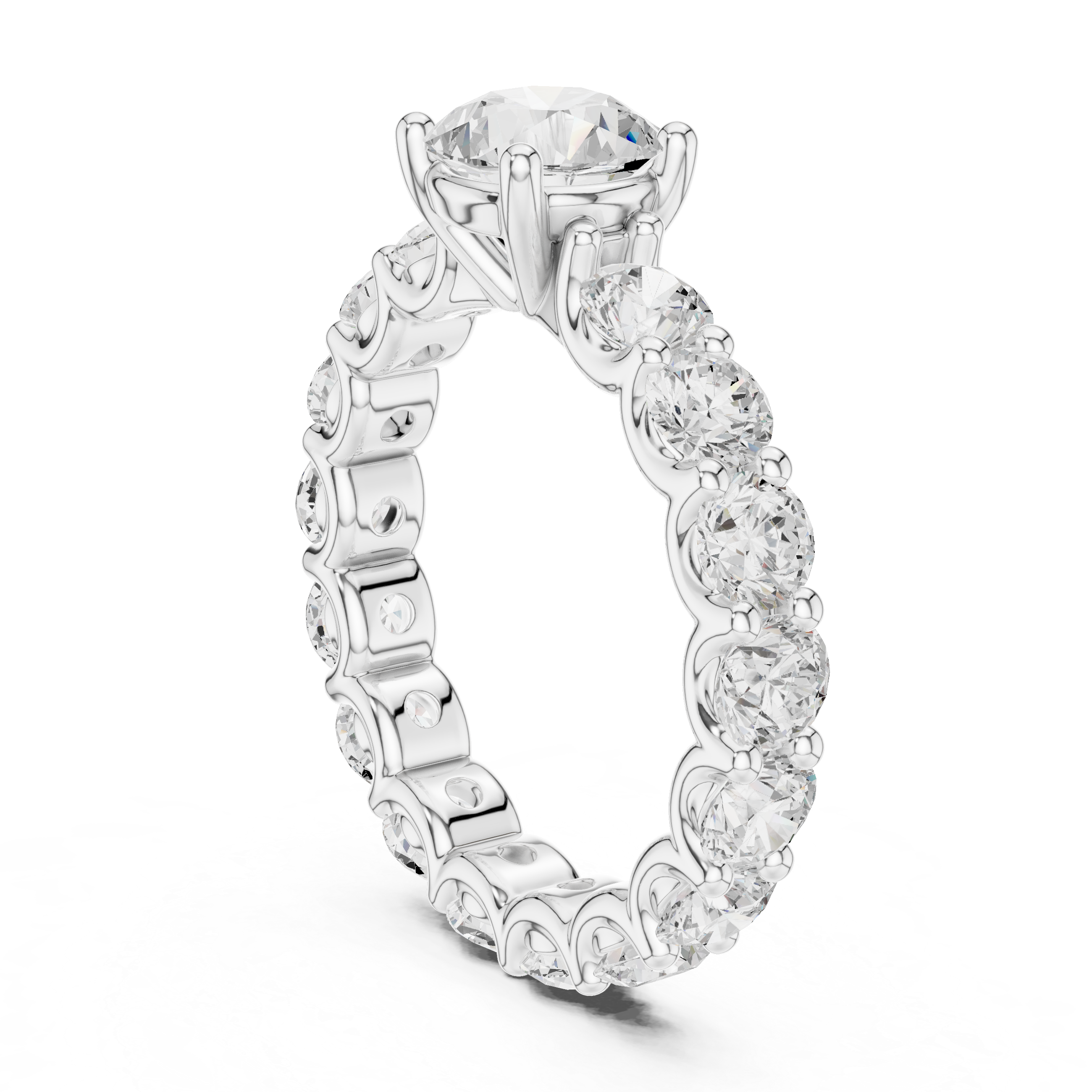 Diamond ring with a white gold band on a white background