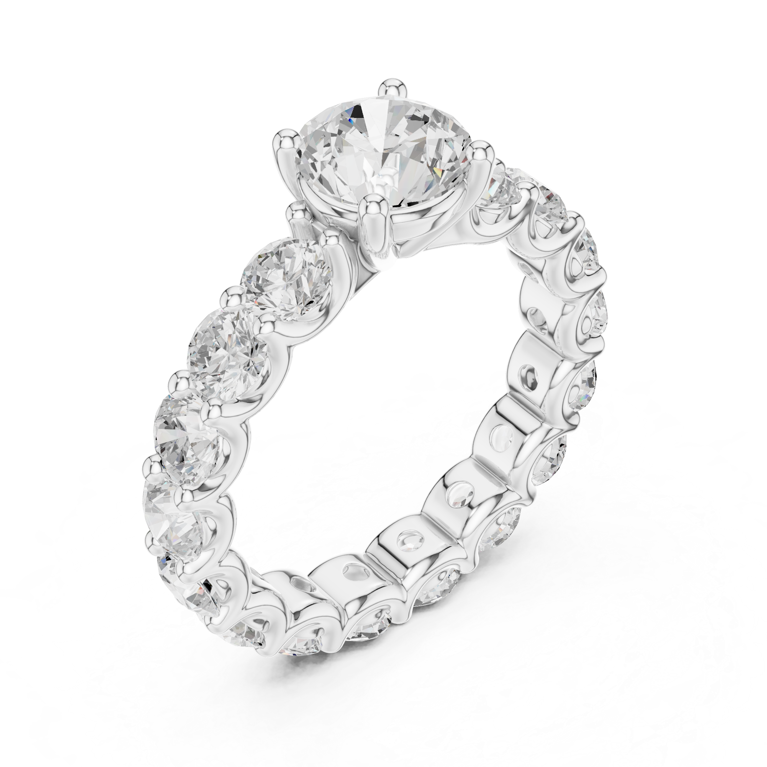 Diamond ring with a central gemstone and smaller stones on a white background