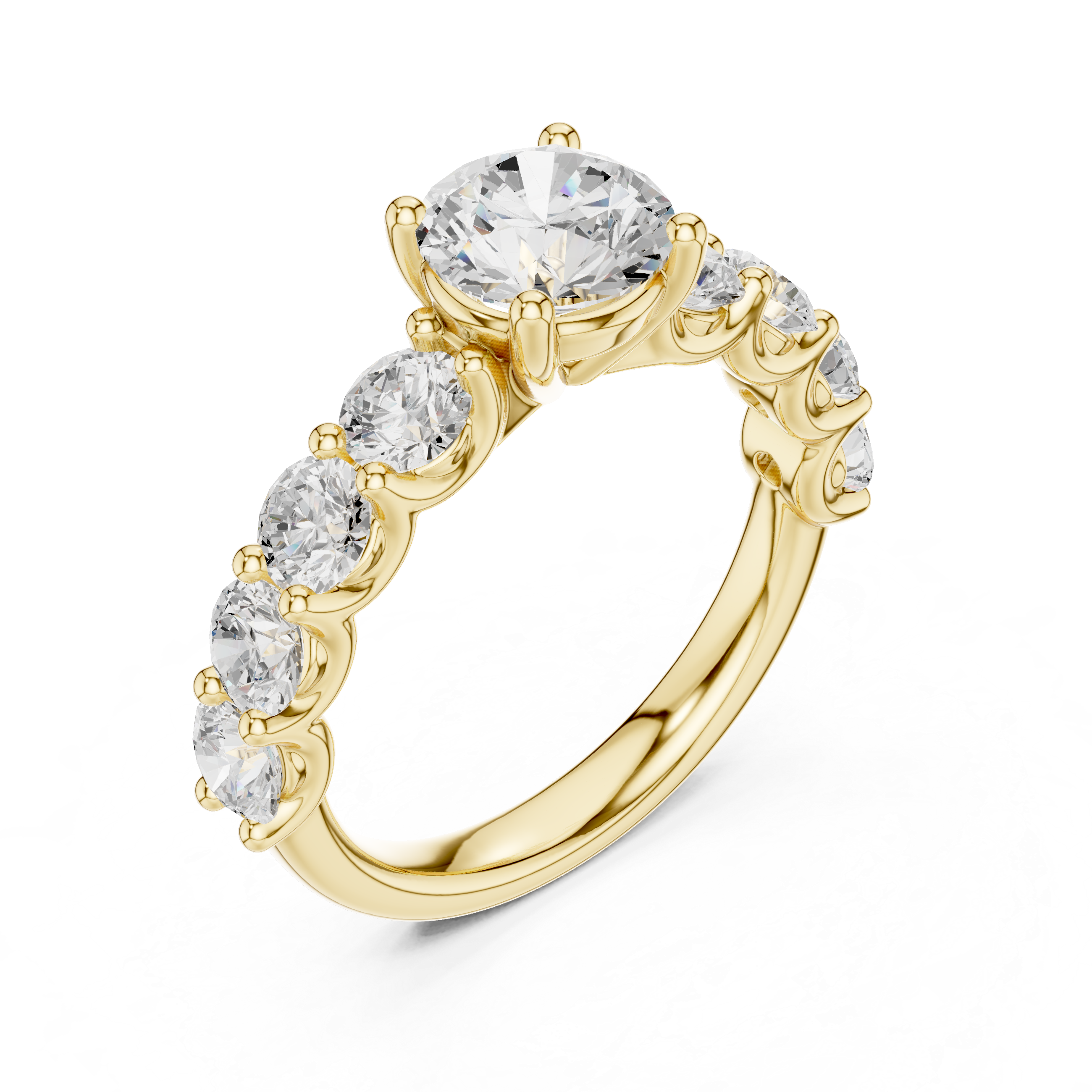 Gold ring with clear gemstones on a white background