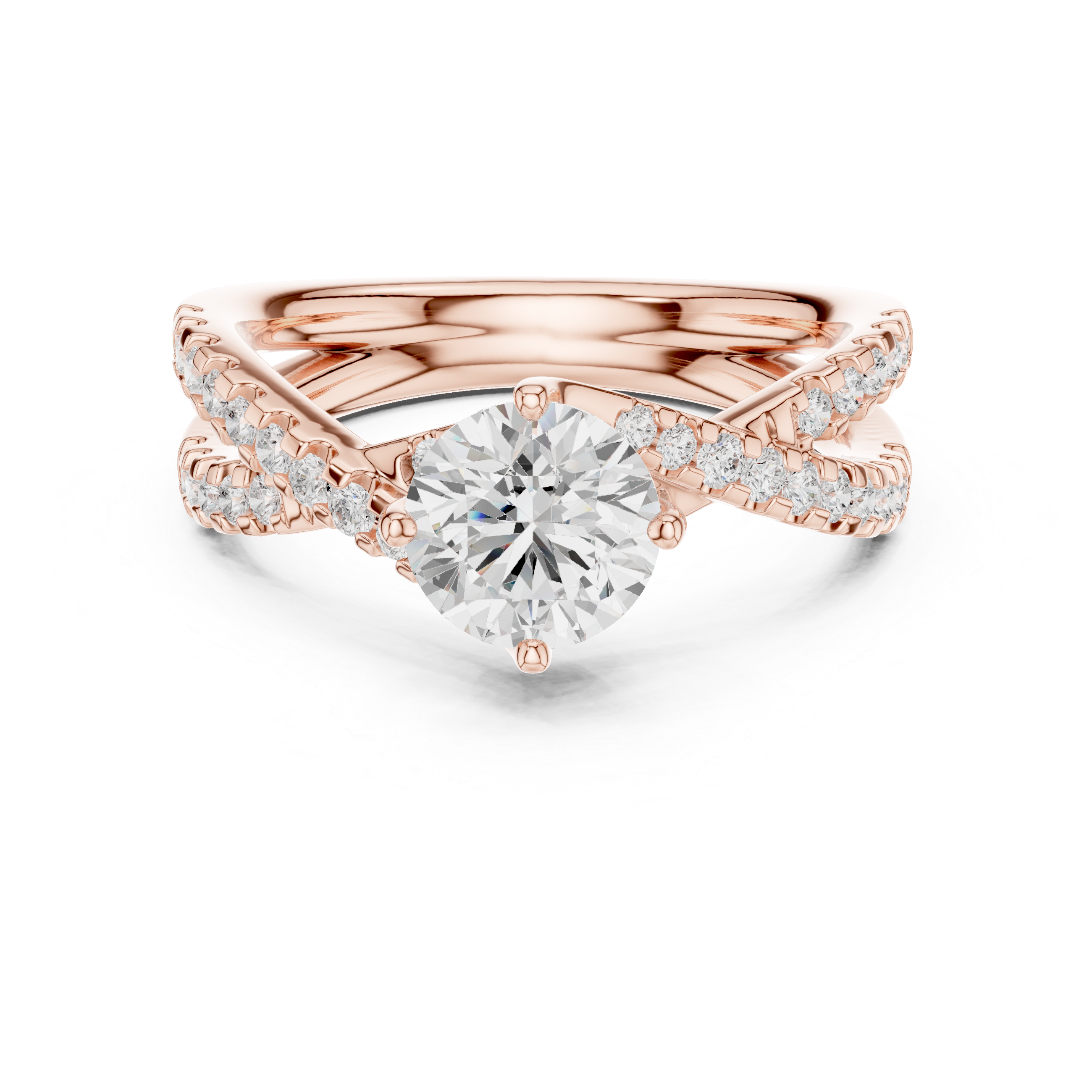 Rose gold ring with a large diamond and smaller diamonds on a white background