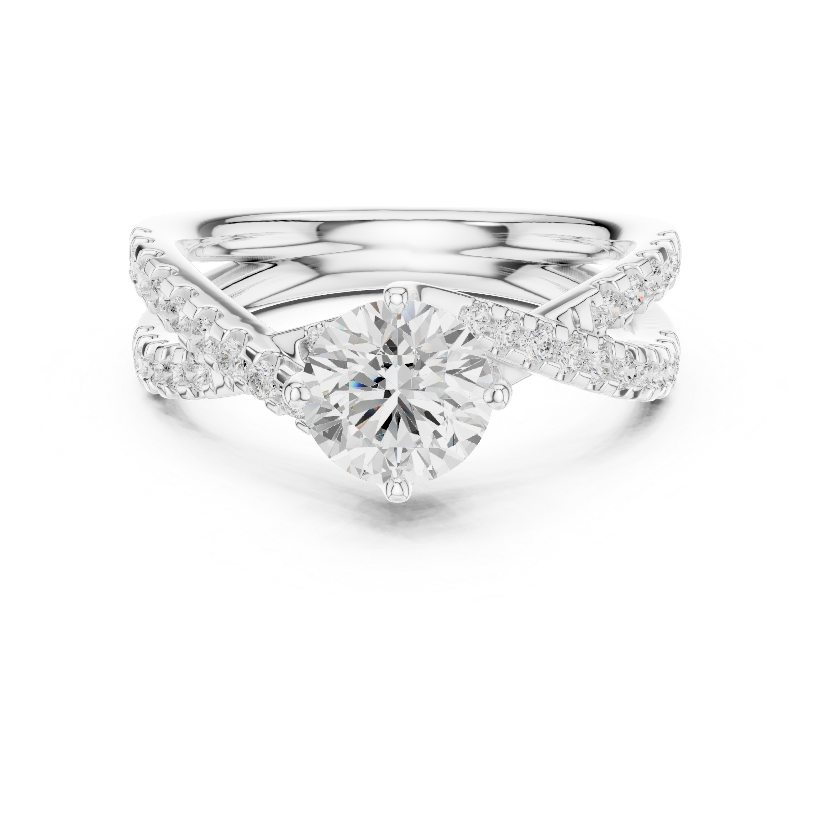 Silver ring with a large diamond and smaller diamonds on the band against a white background