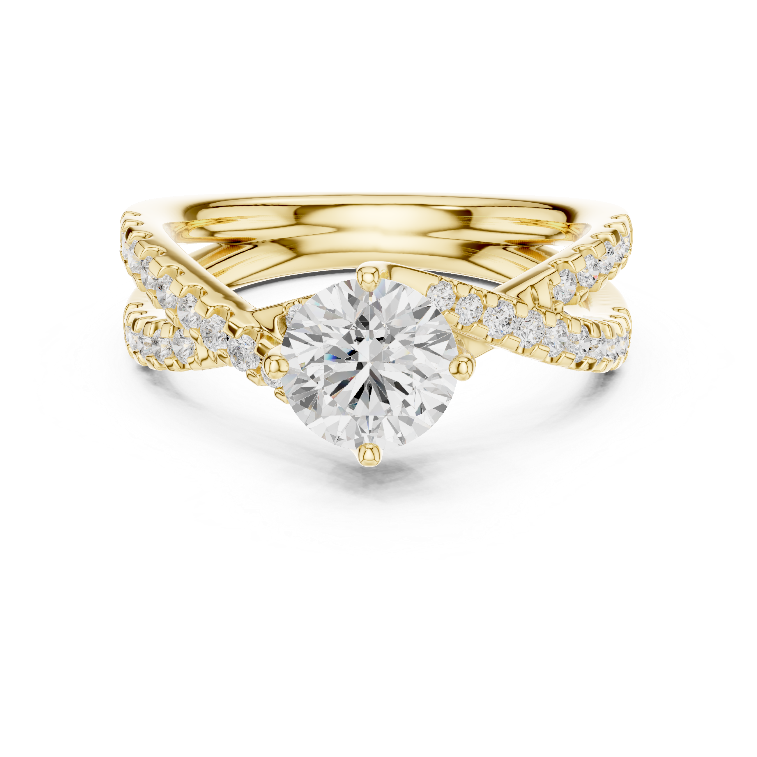 Gold ring with a large diamond and smaller diamonds on a white background