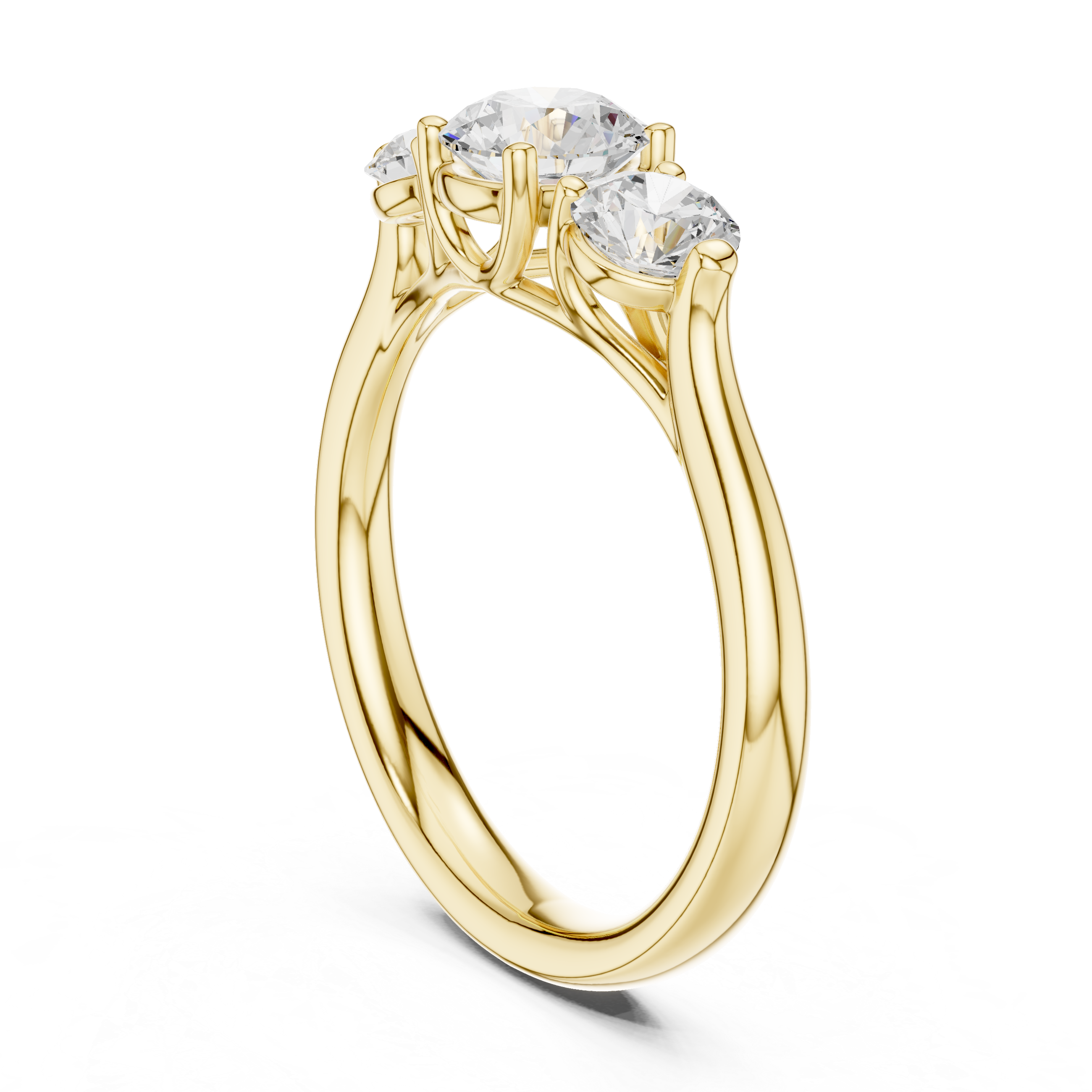 Gold ring with three heart-shaped diamonds on a white background