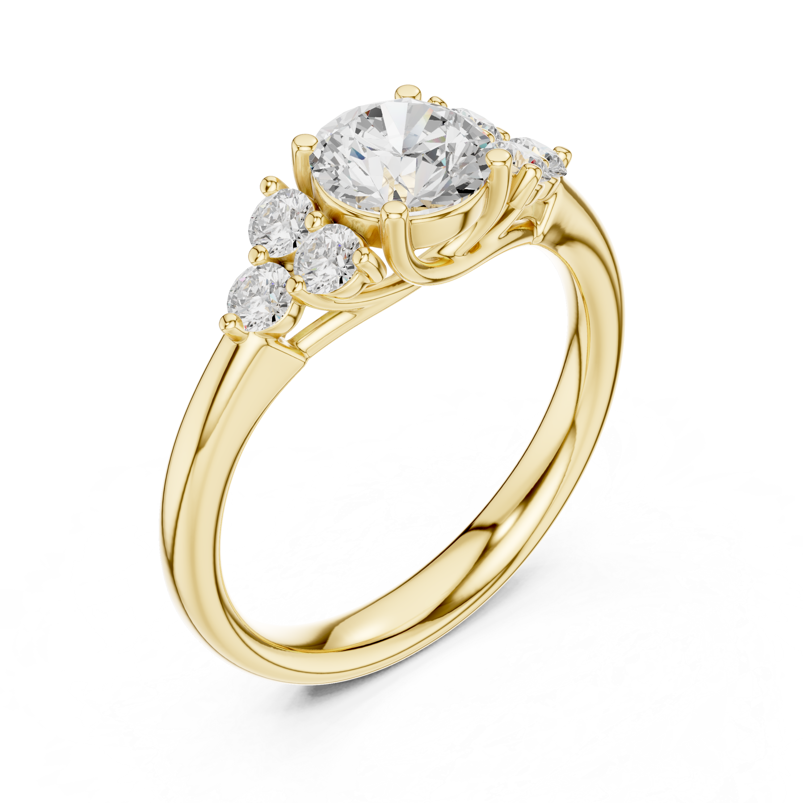 Gold ring with a central diamond and smaller diamonds on a white background