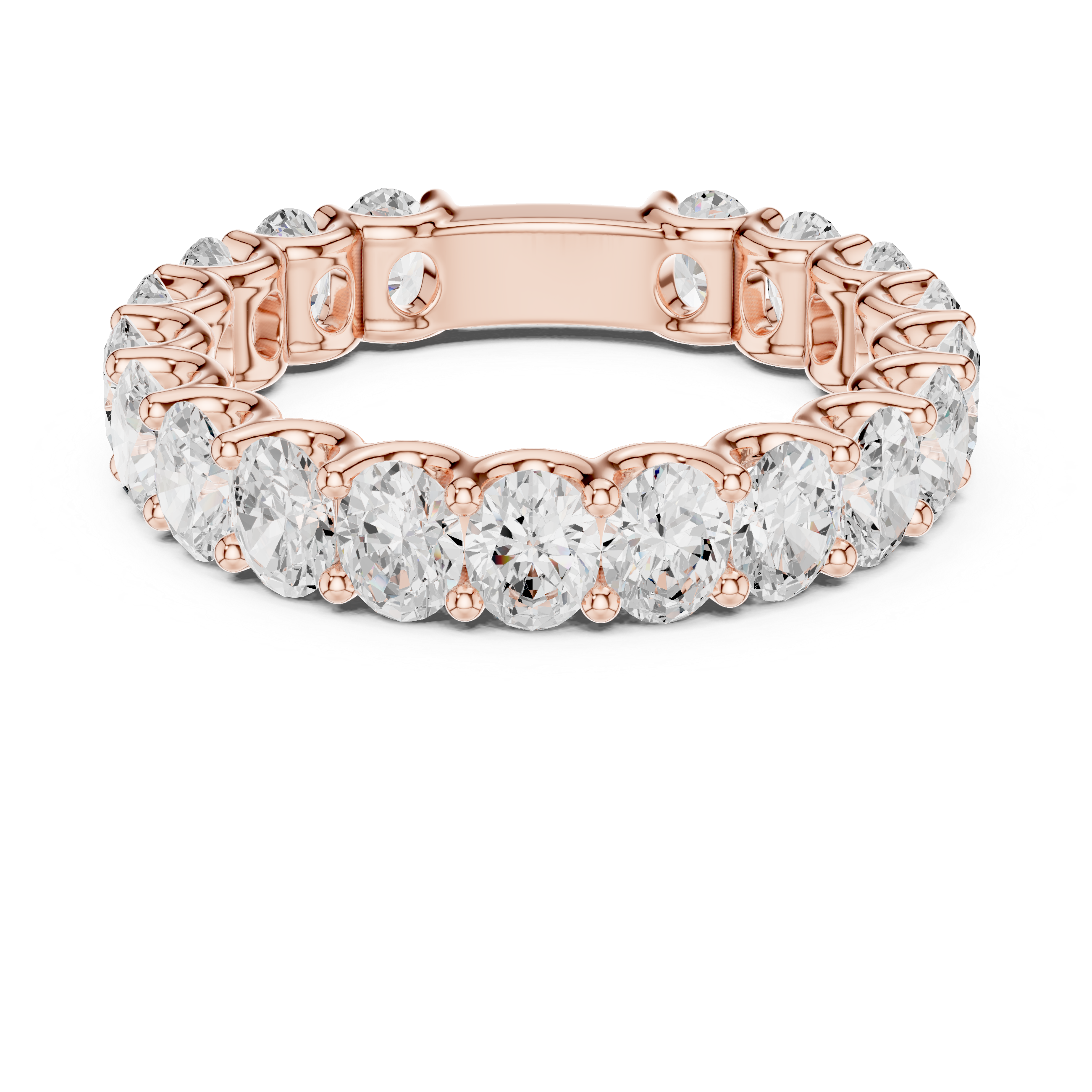 Rose gold ring with diamond stones on a white background