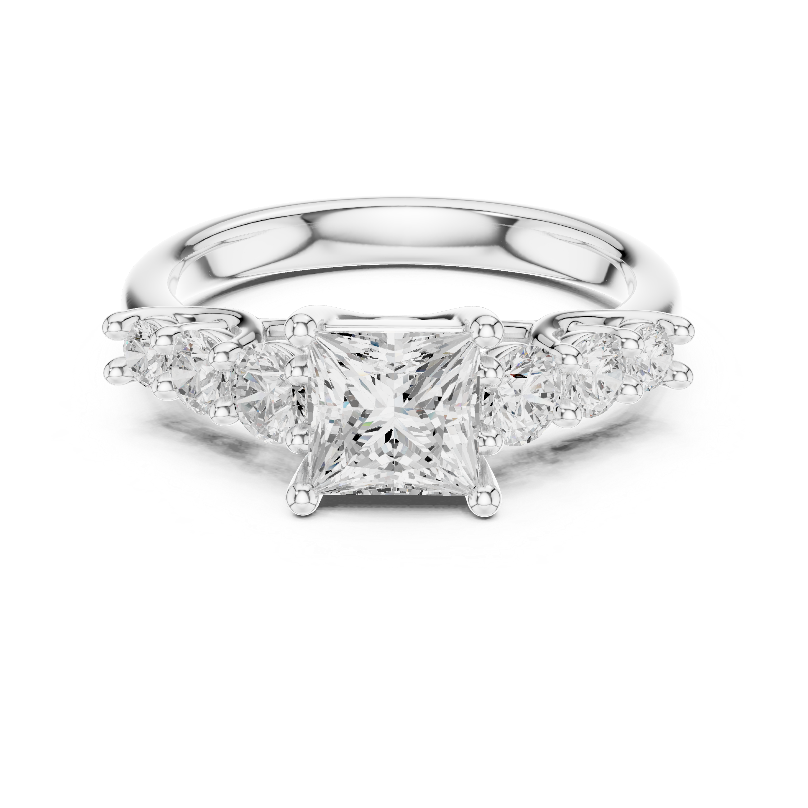 Diamond ring with a central princess-cut diamond and two smaller diamonds on the sides on a white background