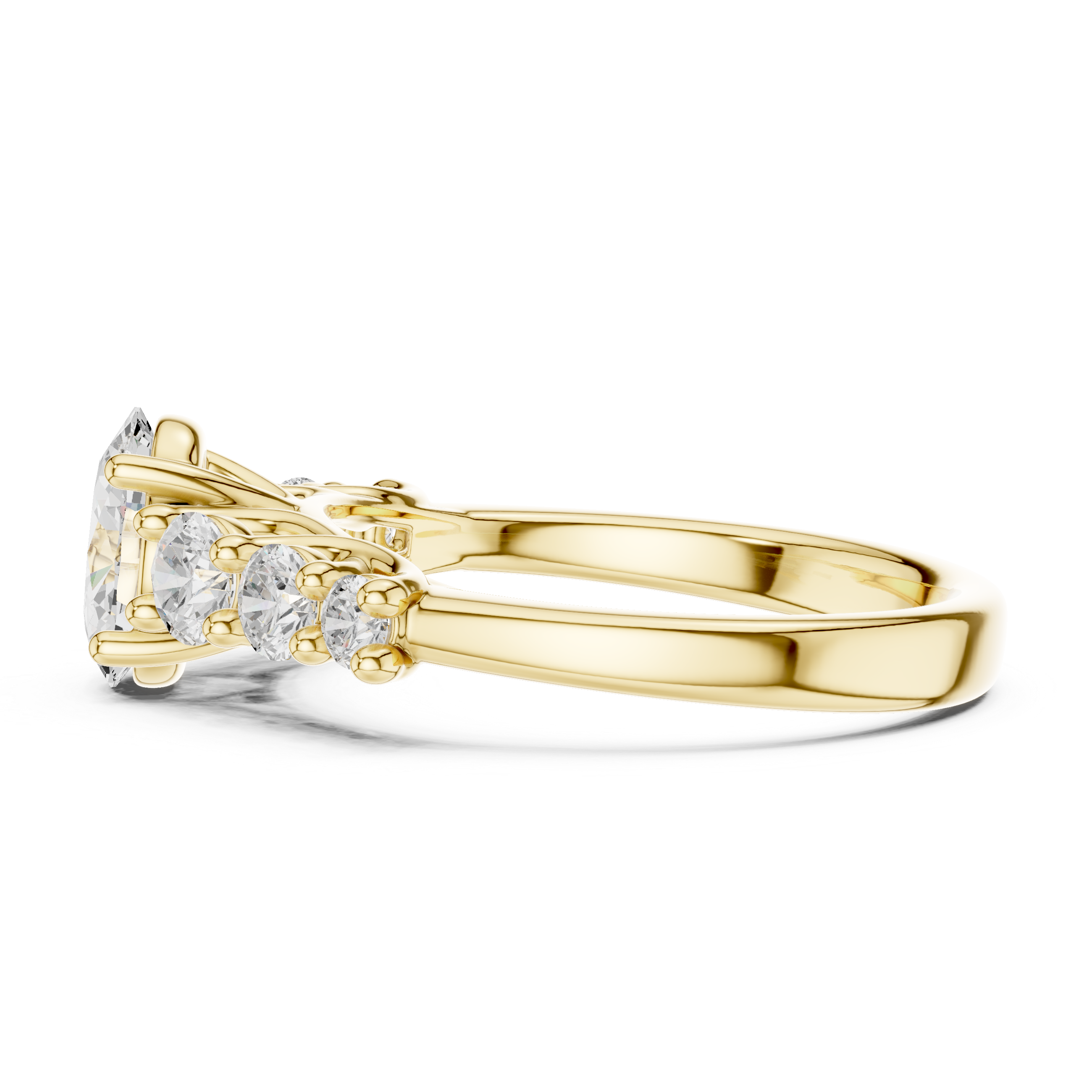 Gold ring with diamond accents on a white background