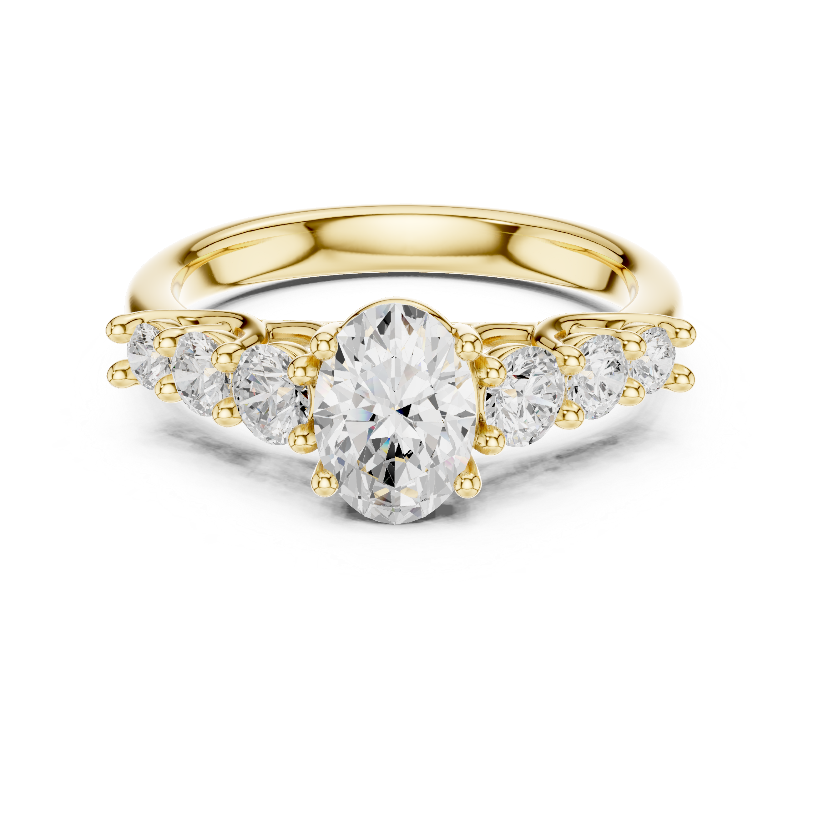 Gold ring with a central diamond and smaller diamonds on a white background