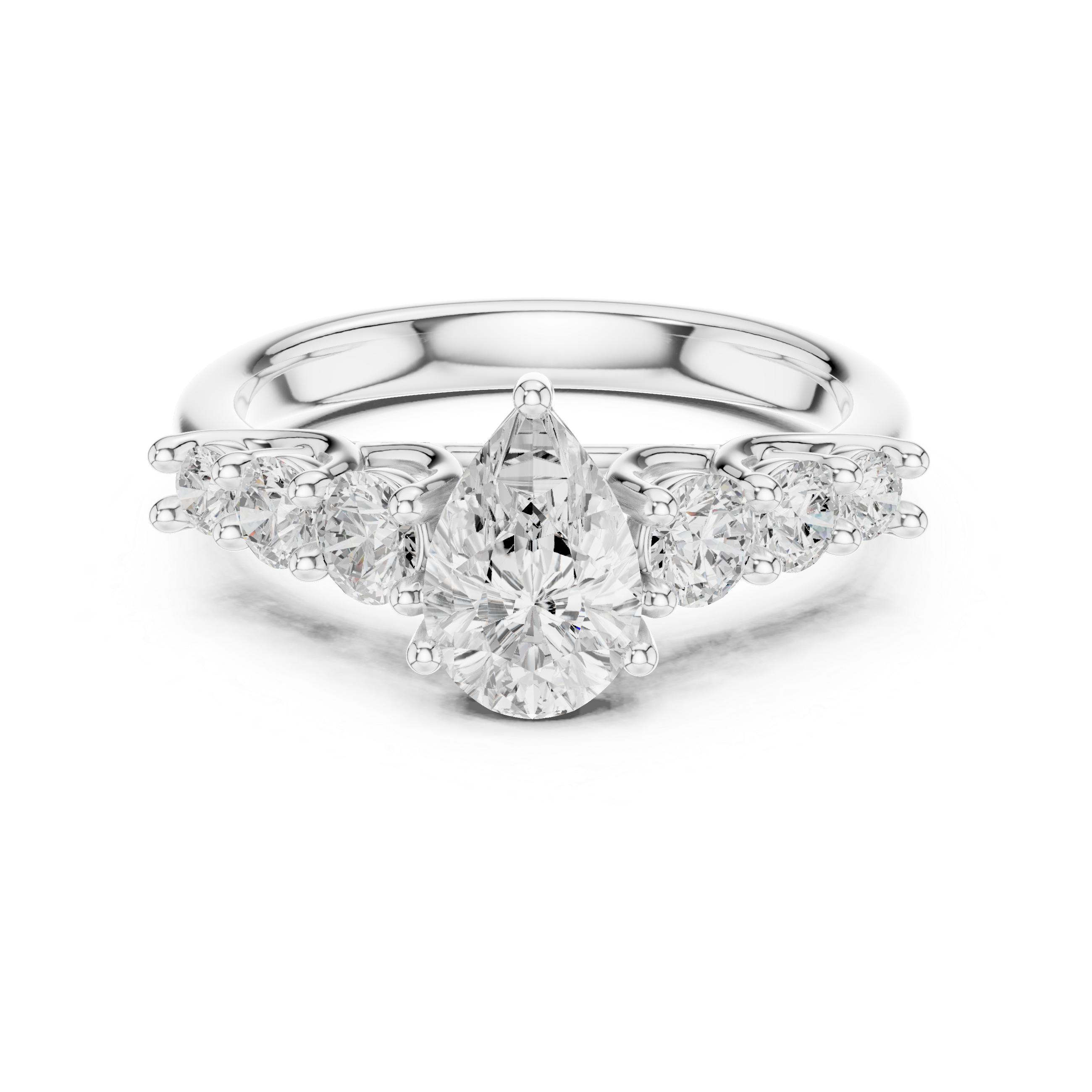 Diamond ring with a pear-shaped center stone on a white background