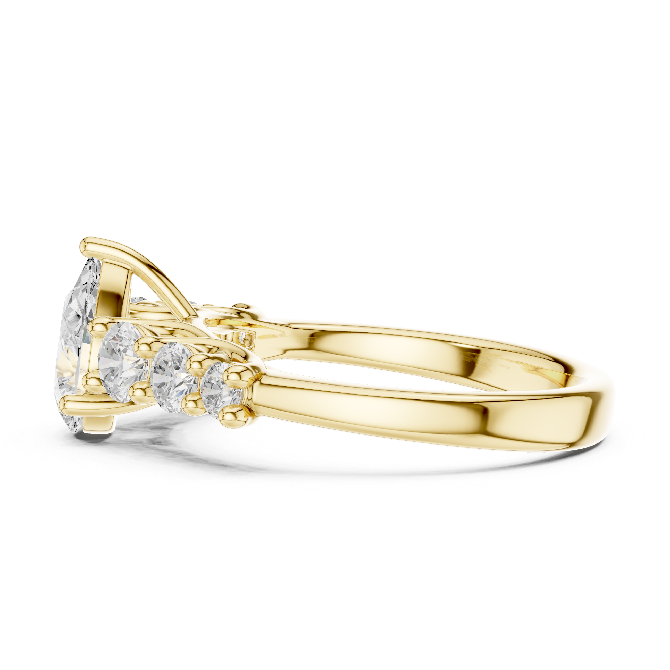 Gold ring with diamond accents on a white background
