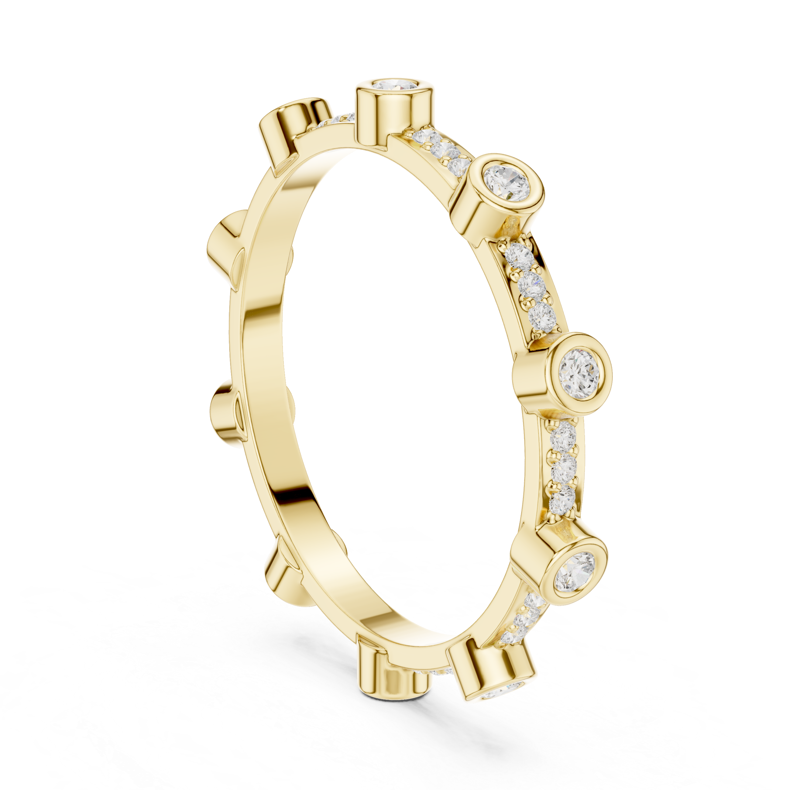 Gold ring with diamond accents on a white background