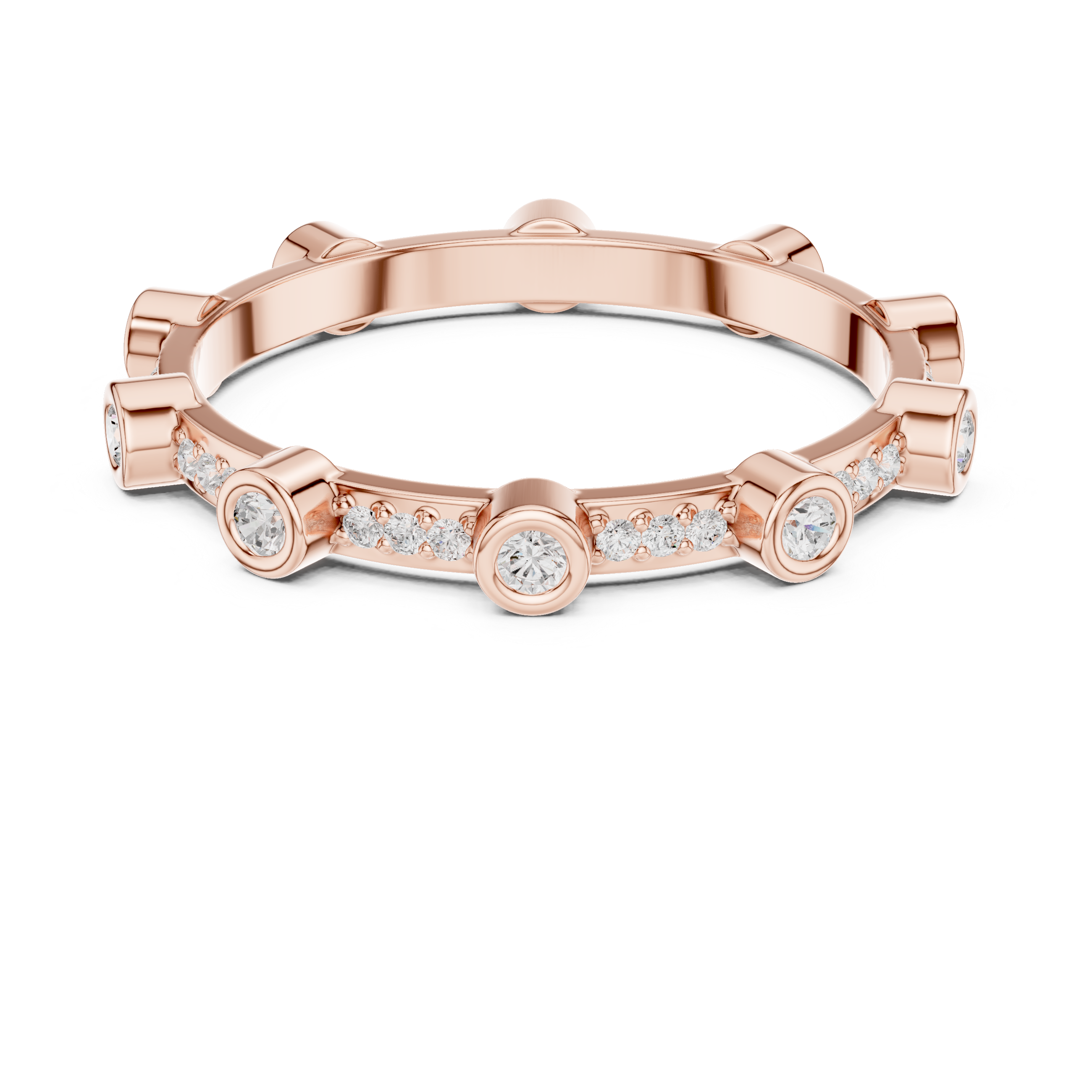 Rose gold ring with diamonds on a white background