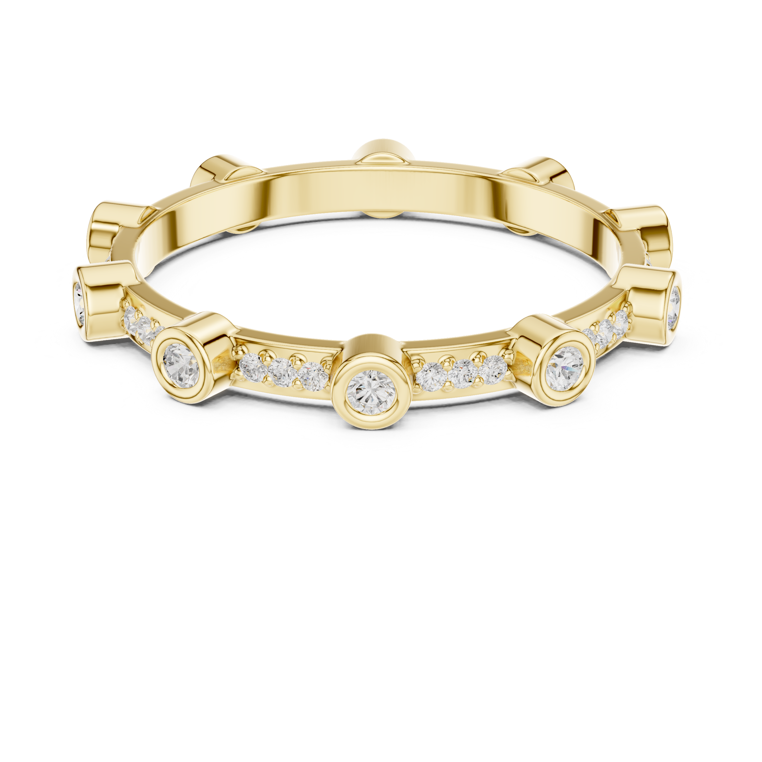 Gold ring with diamond accents on a white background