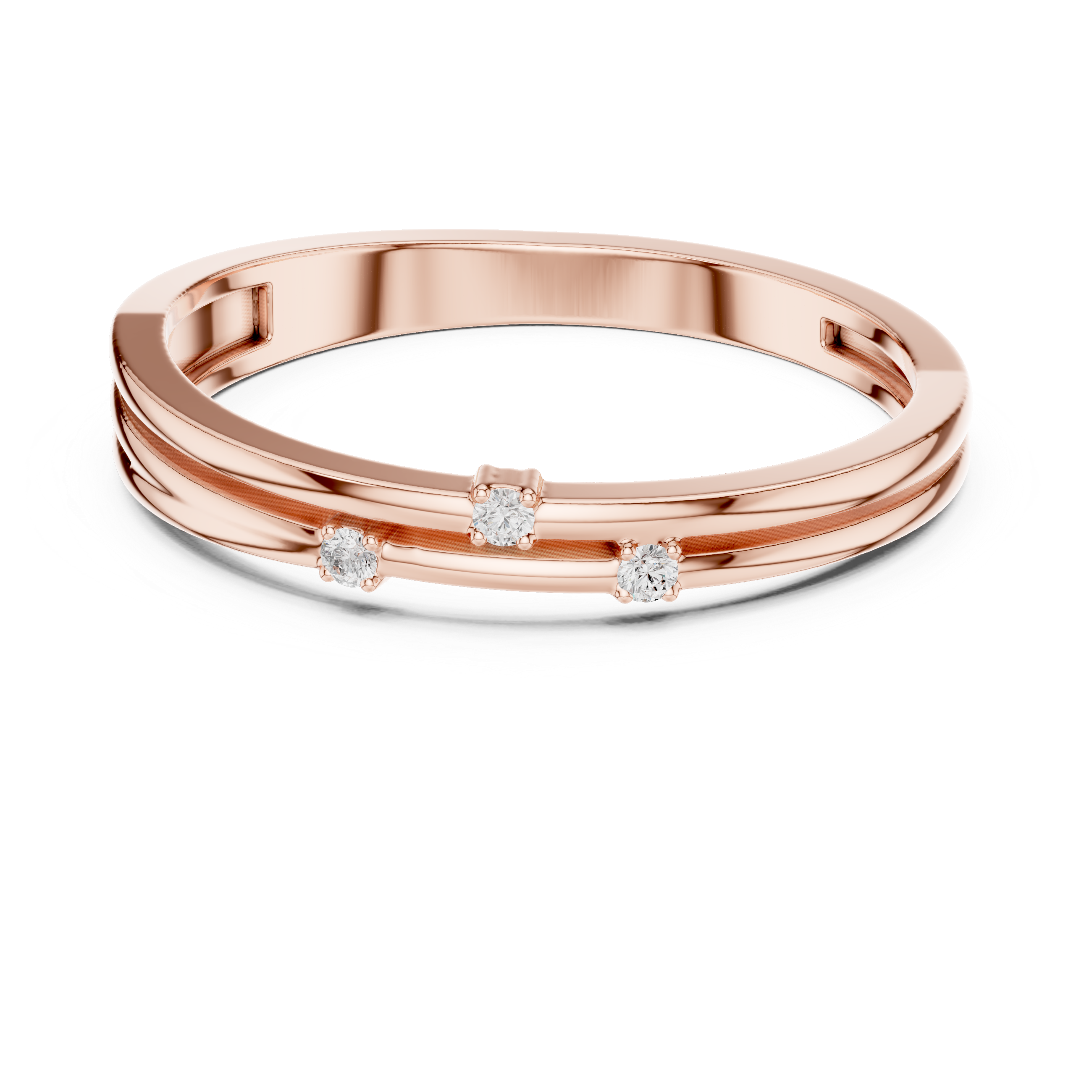 Rose gold ring with embedded diamonds on a white background