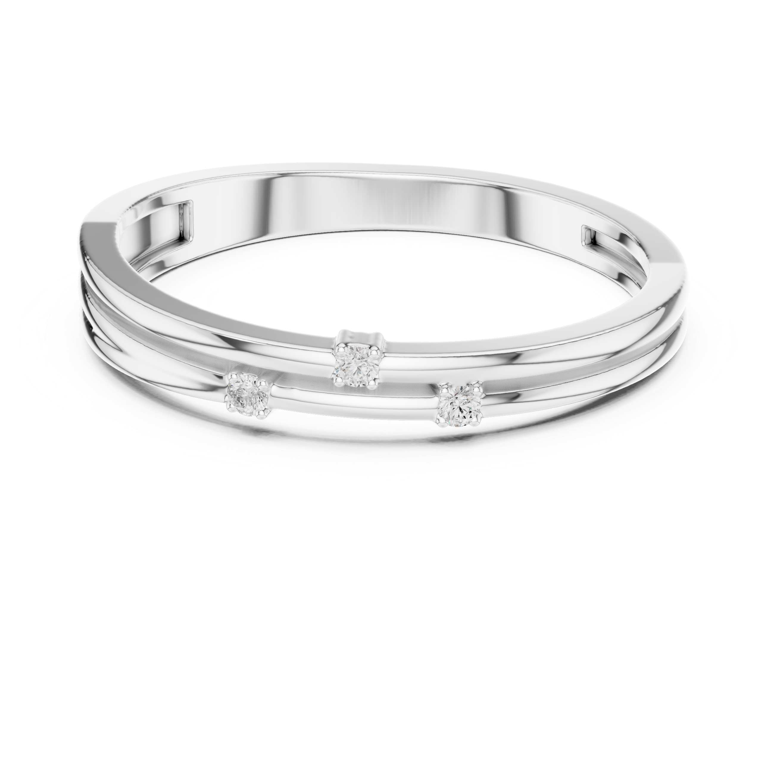 Silver ring with small diamonds on a white background