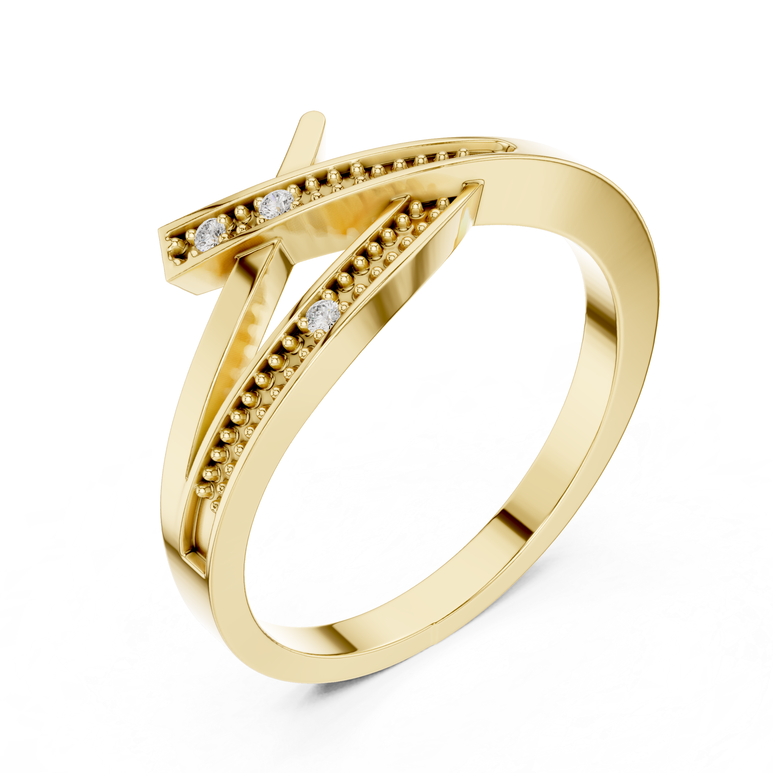 Gold ring with diamond accents on a white background