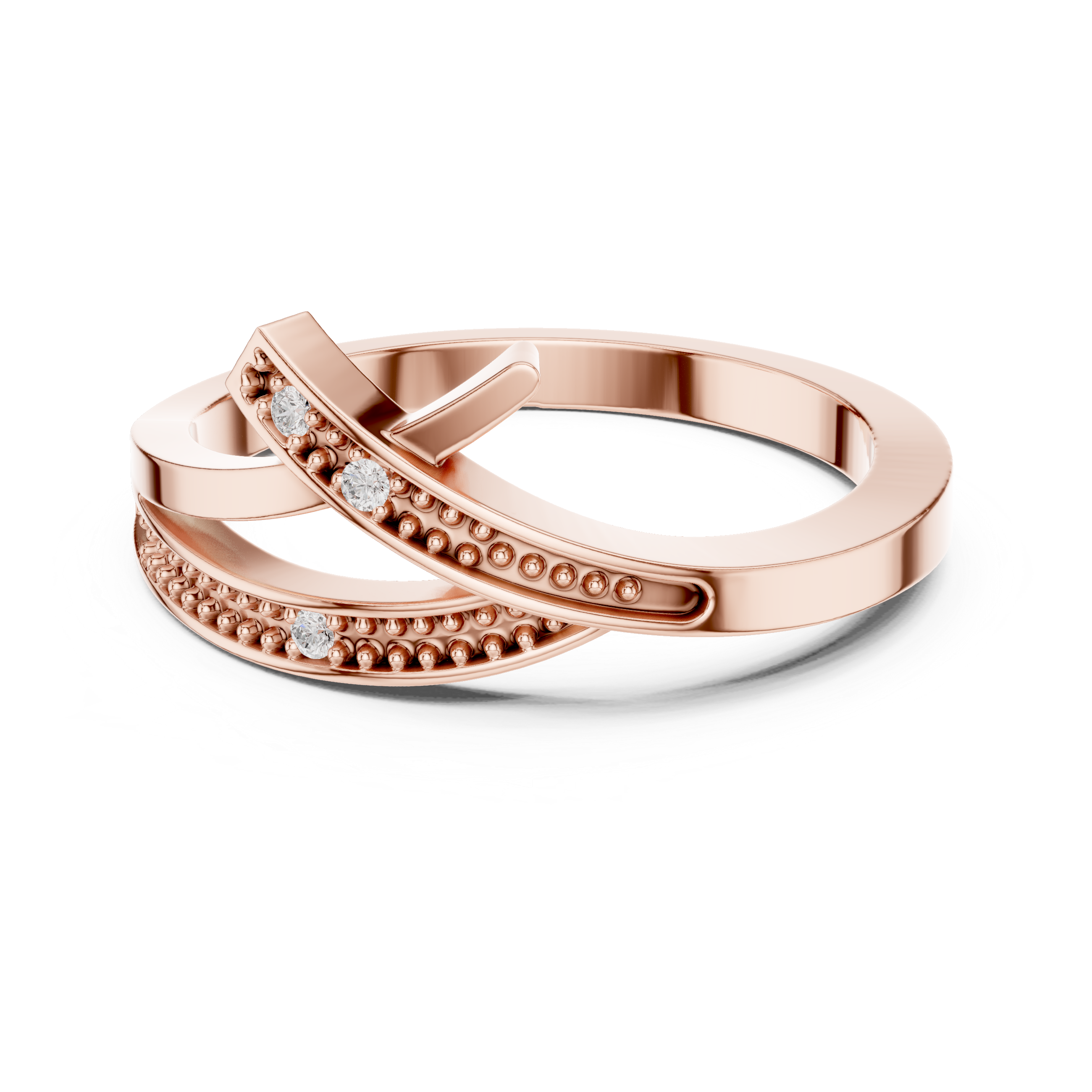 Rose gold ring with diamond accents on a white background