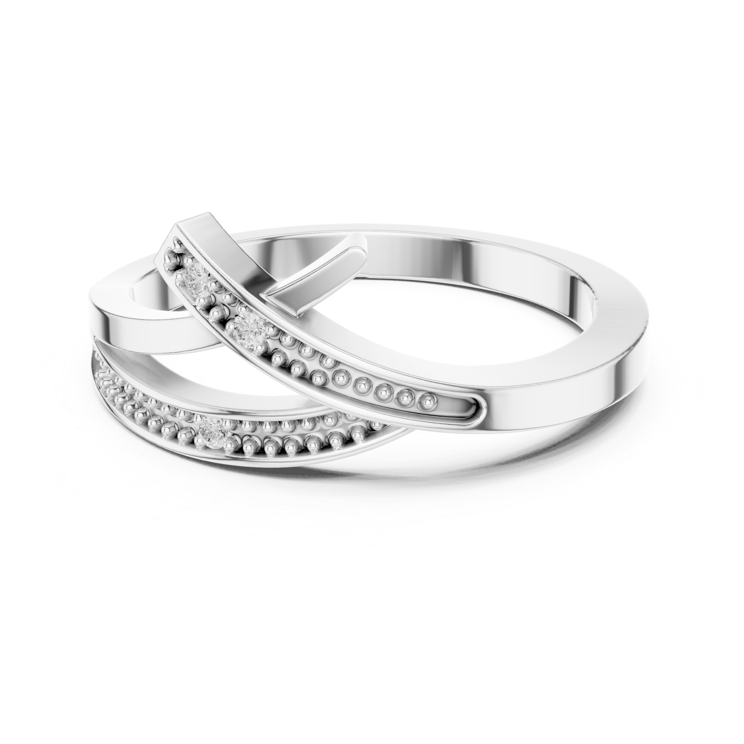 Silver ring with interlocking design on a white background