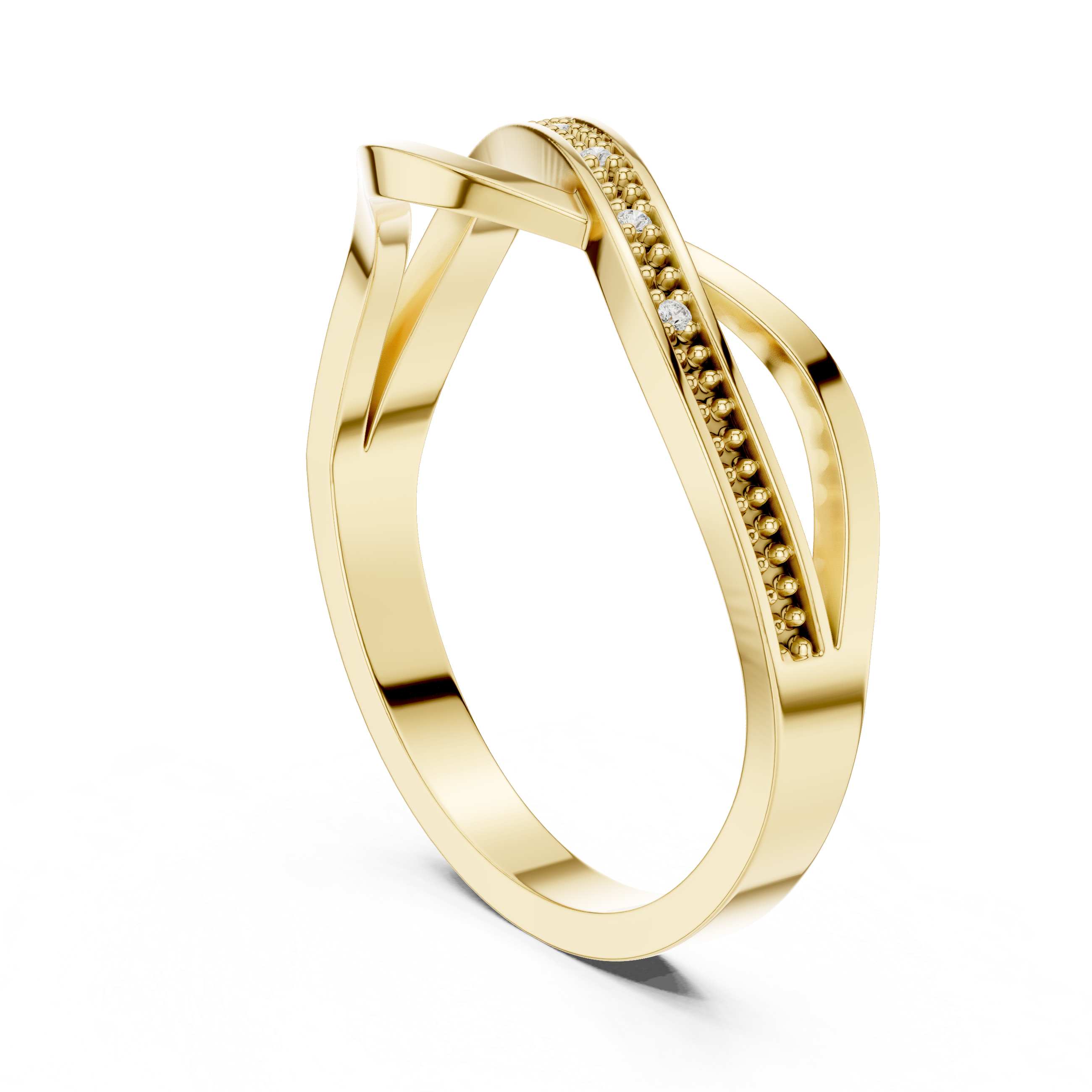 Gold ring with diamond accents on a white background