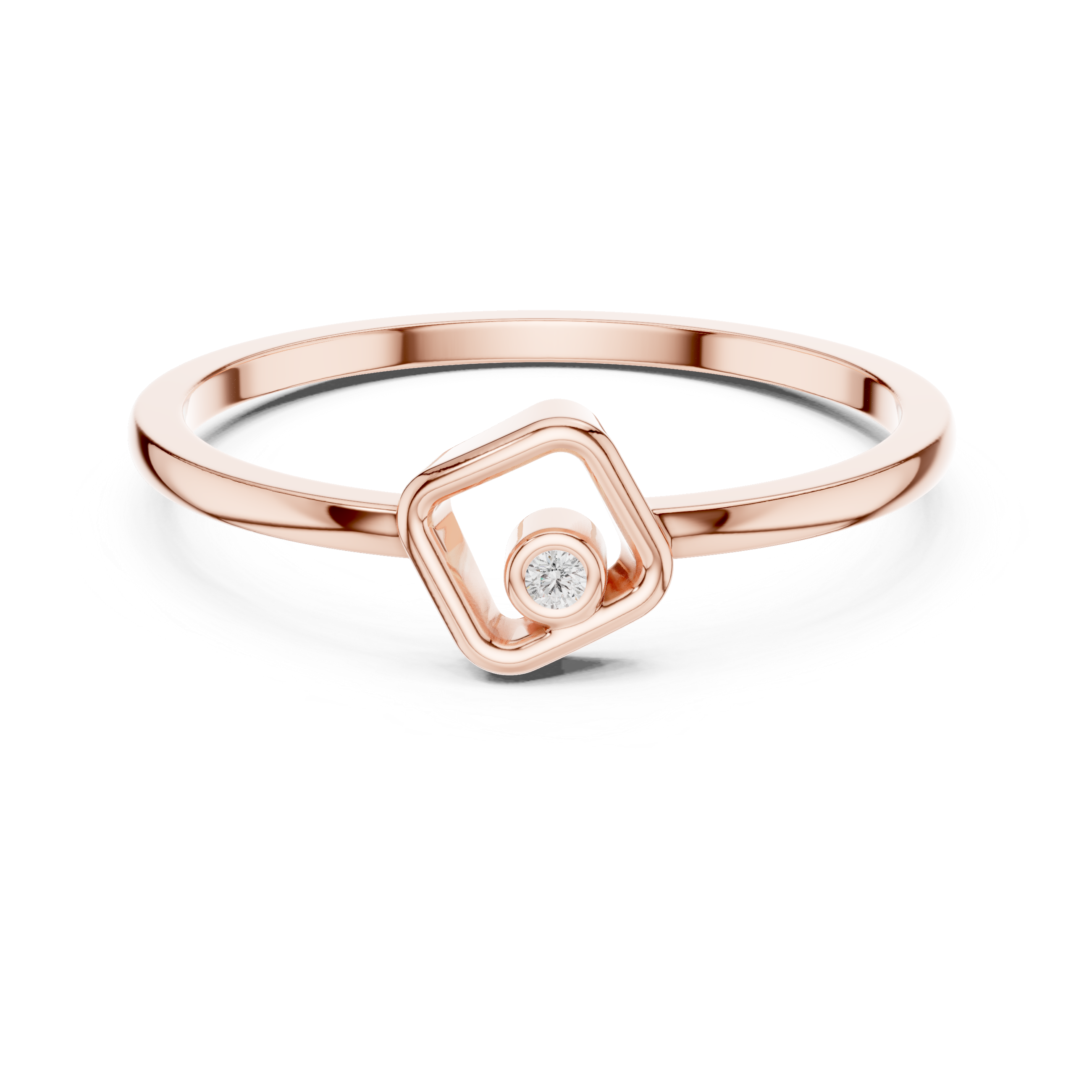 Rose gold ring with a diamond on a white background