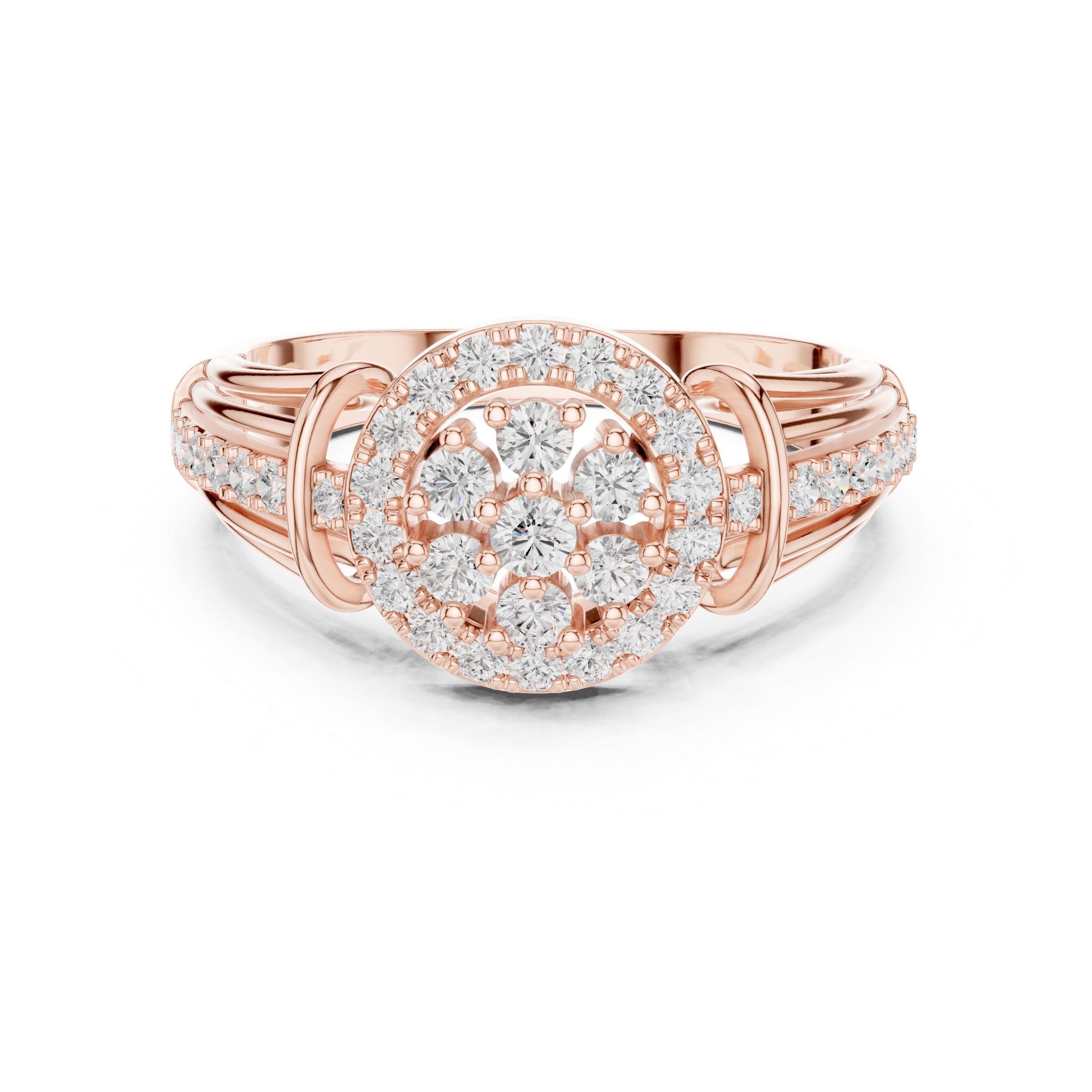Rose gold ring with diamond accents on a white background