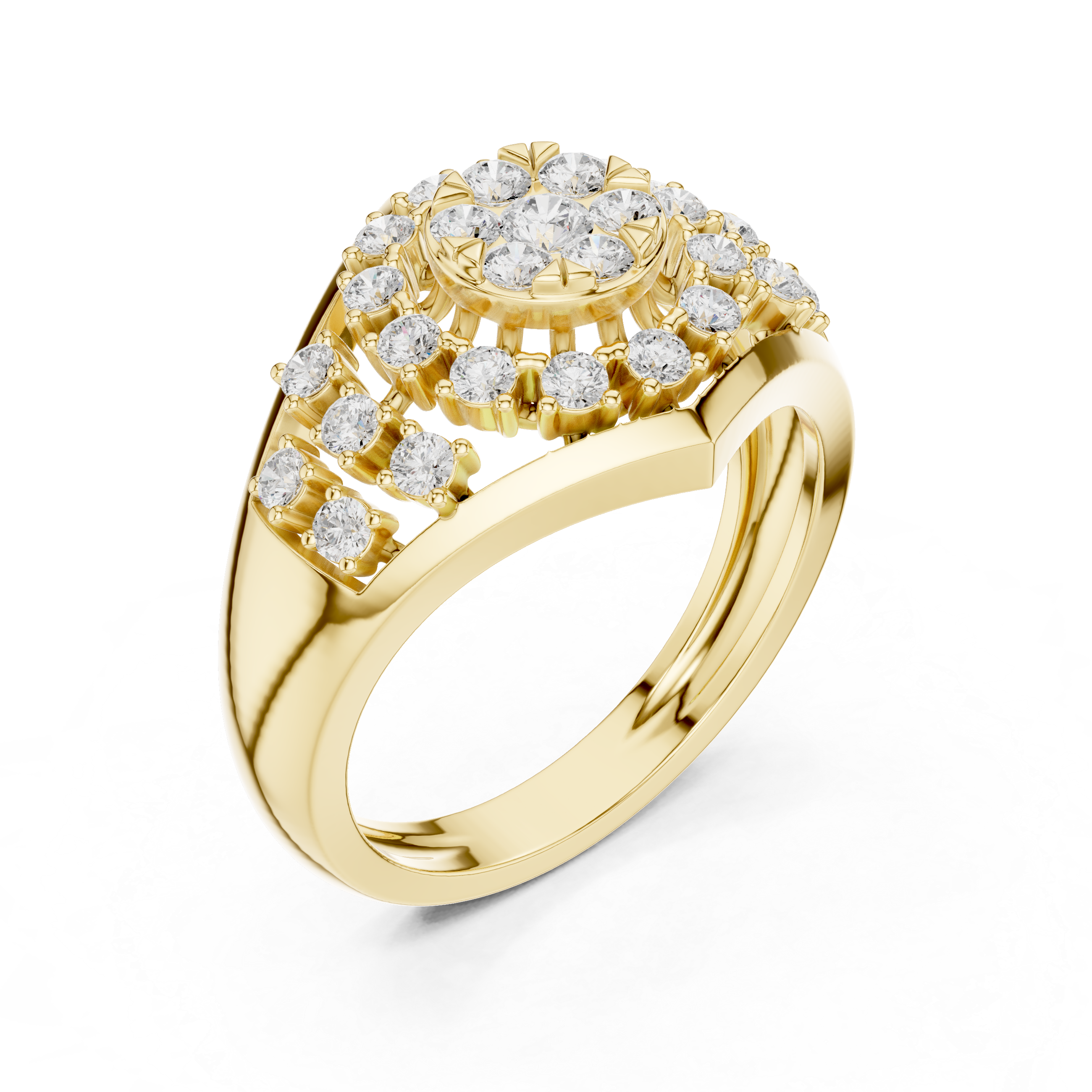 Gold ring with diamonds on a white background