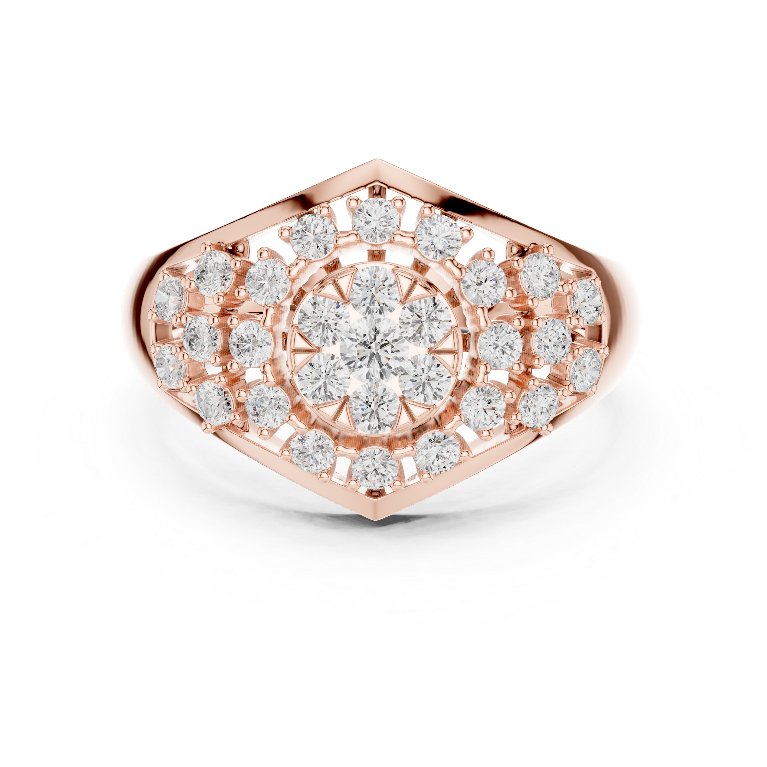 Rose gold ring with diamond accents on a white background