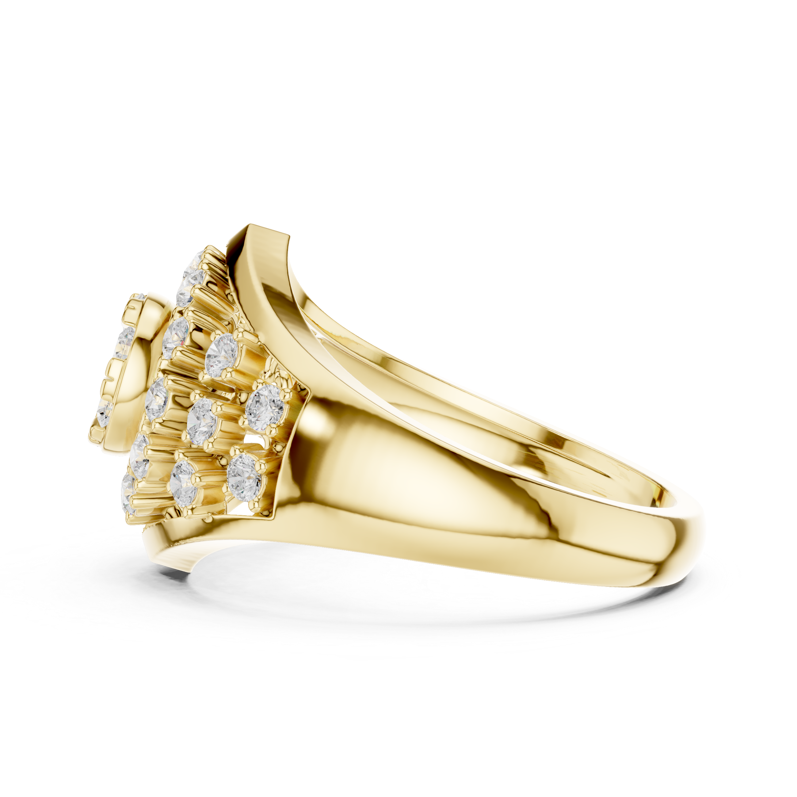 Gold ring with diamond accents on a white background