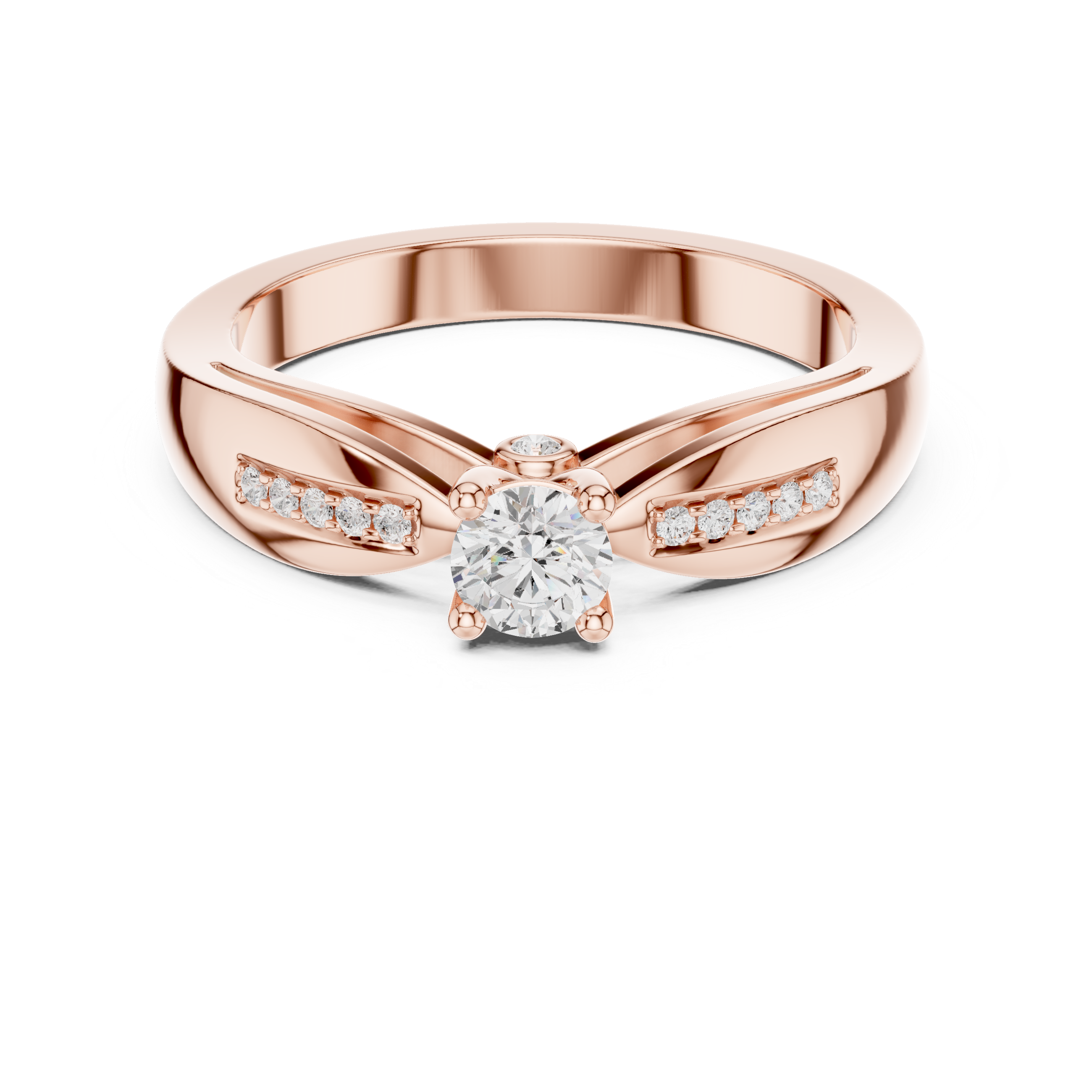 Rose gold ring with a diamond on a white background