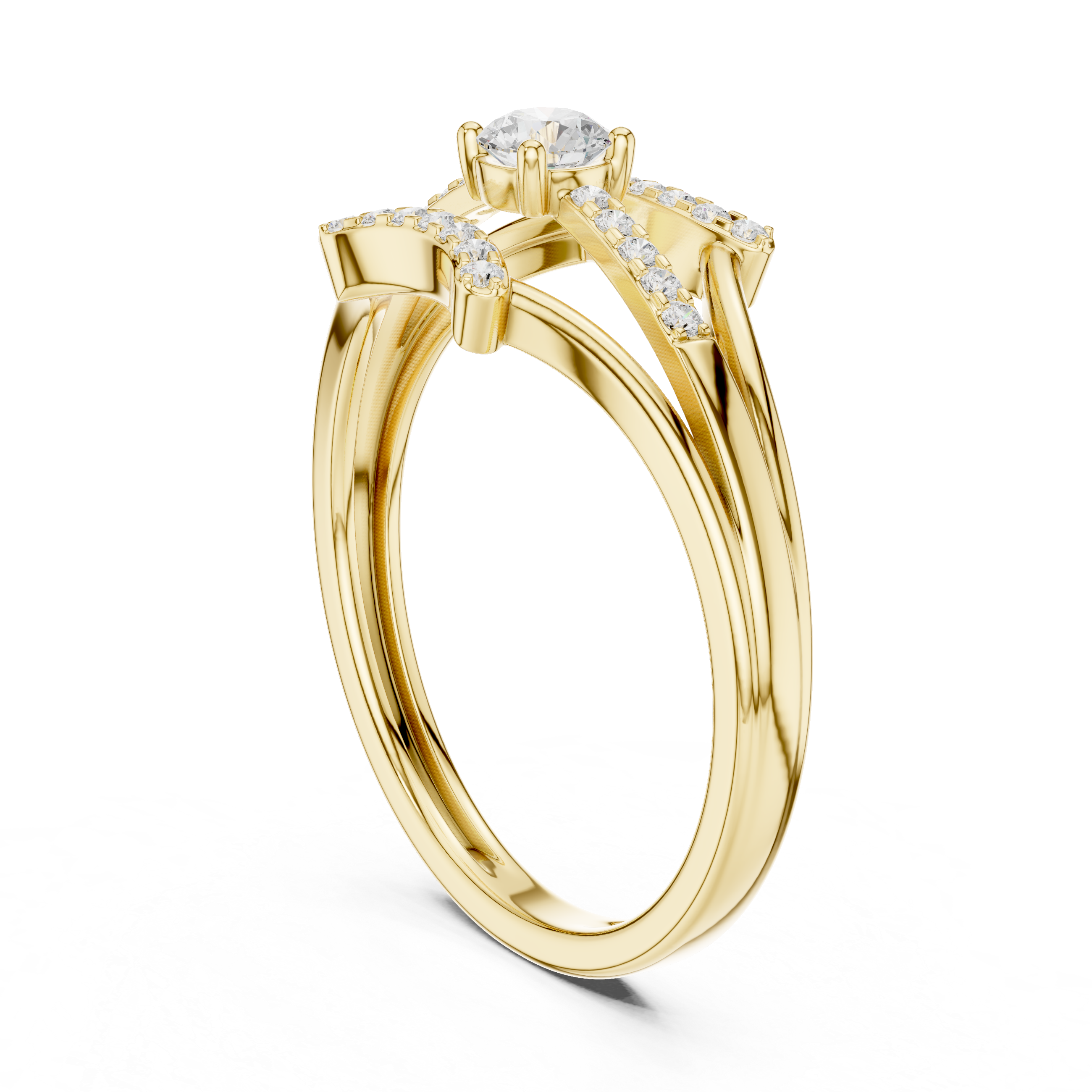 Gold ring with a diamond on a white background