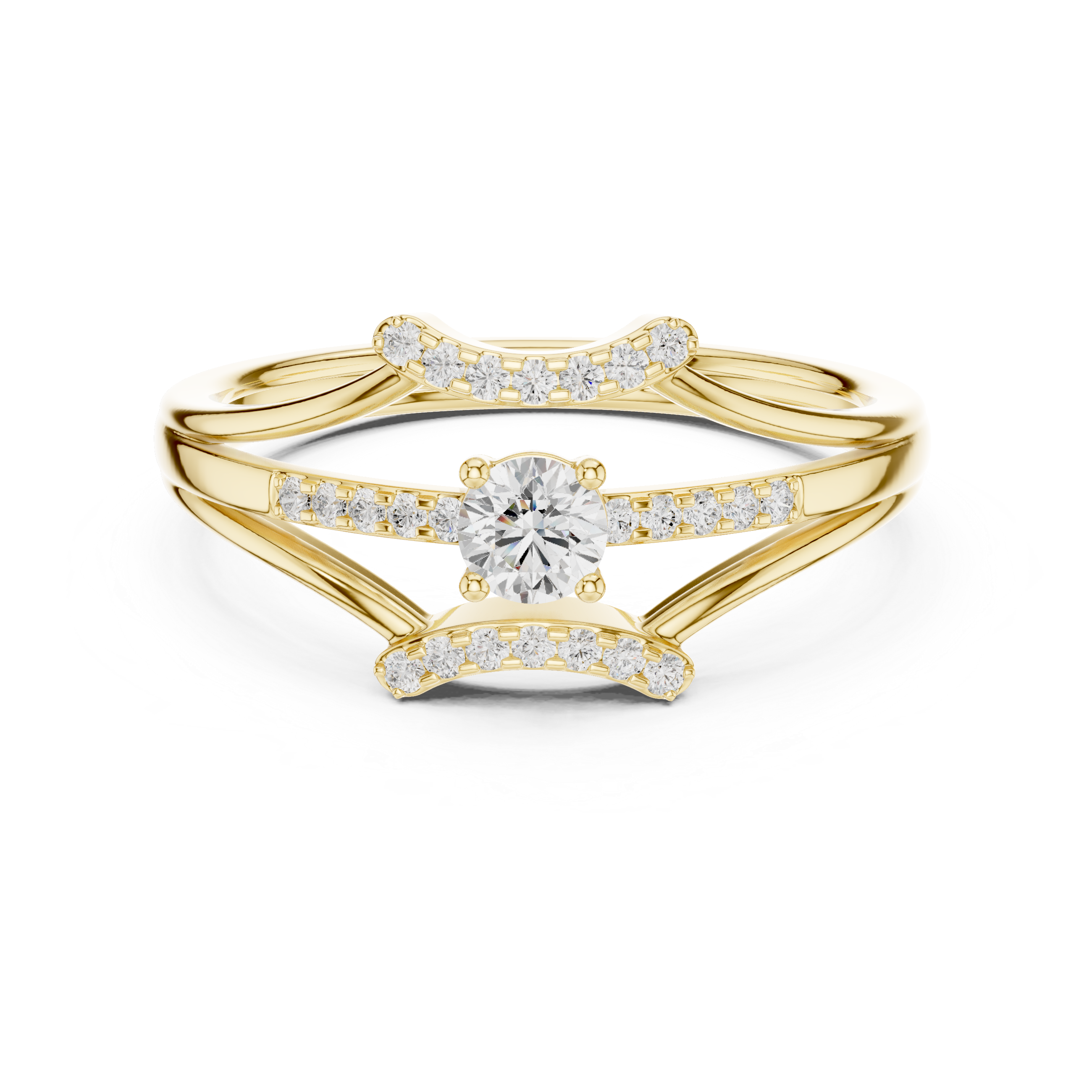 Gold ring with diamond accents on a white background