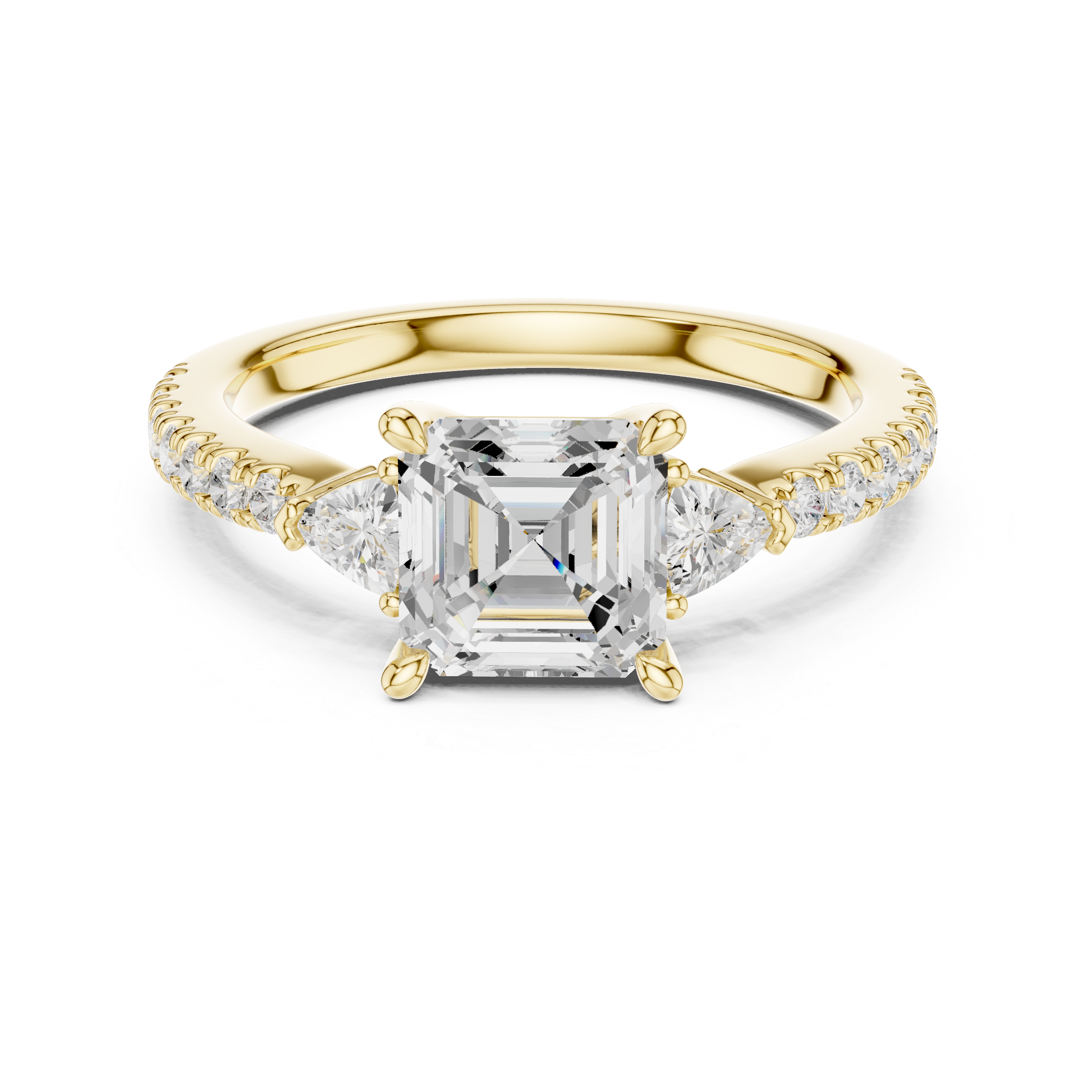 Gold ring with a large diamond and smaller diamonds on the band against a white background