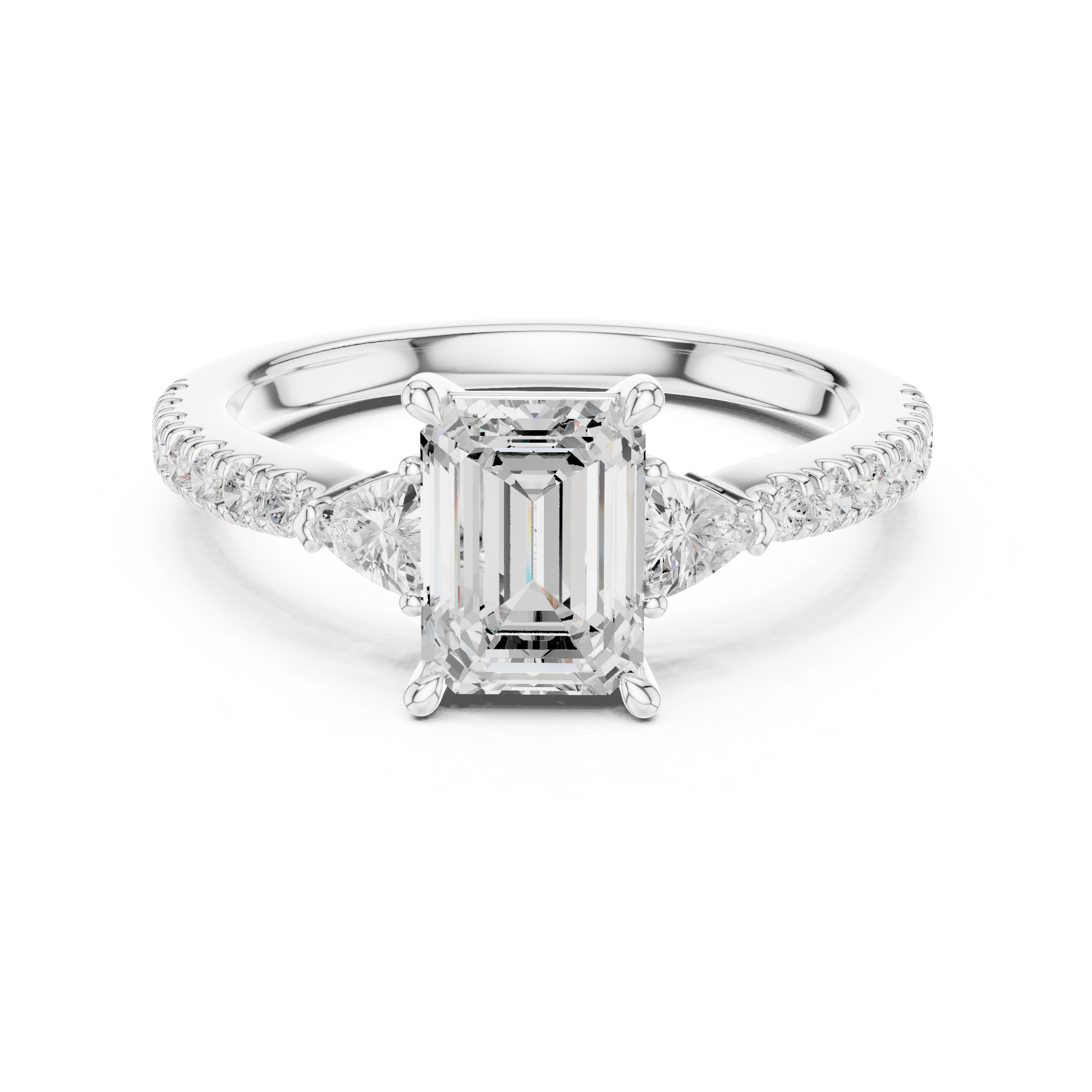 Diamond ring with emerald-cut center stone on a white background