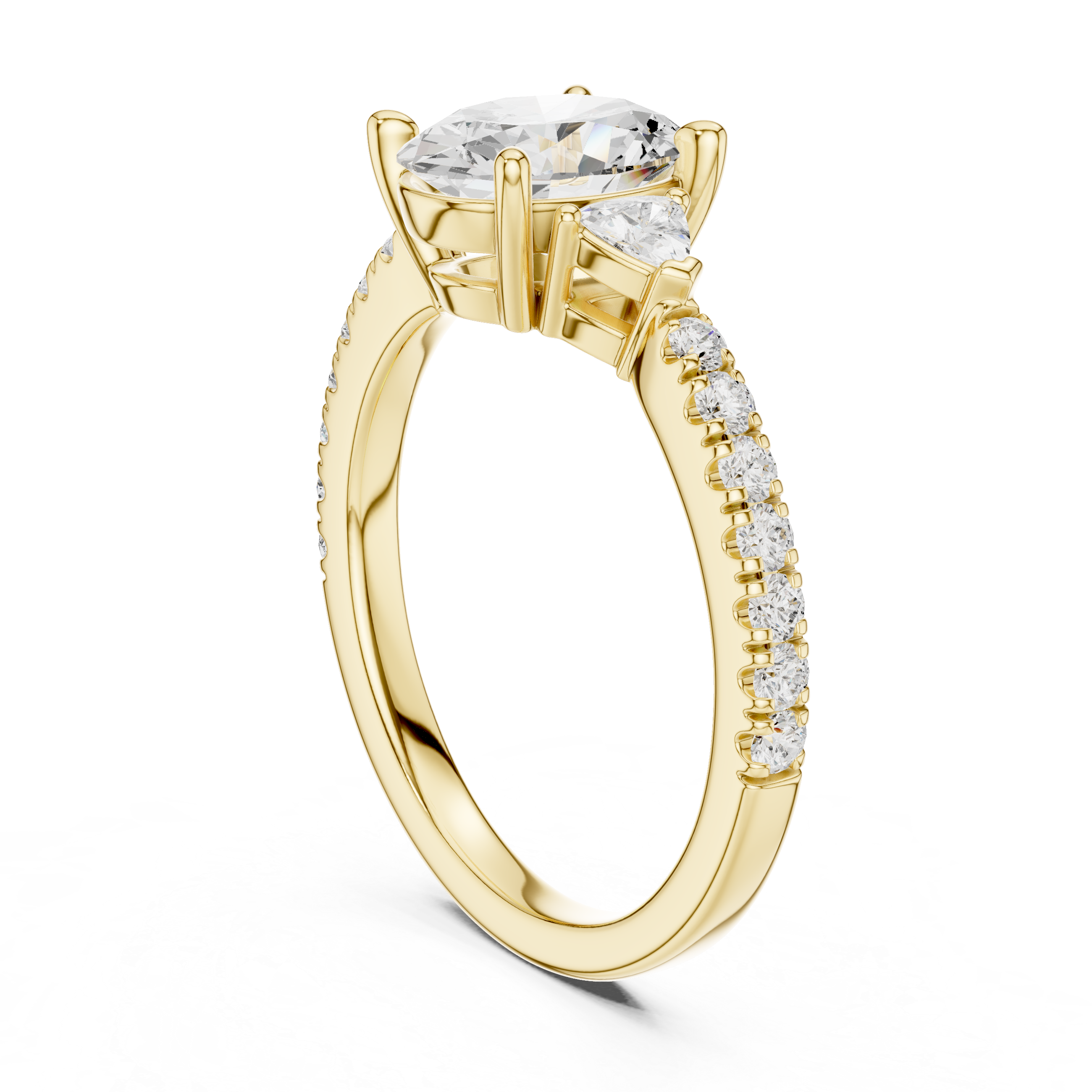 Gold ring with a large central diamond and smaller diamonds on the band against a white background