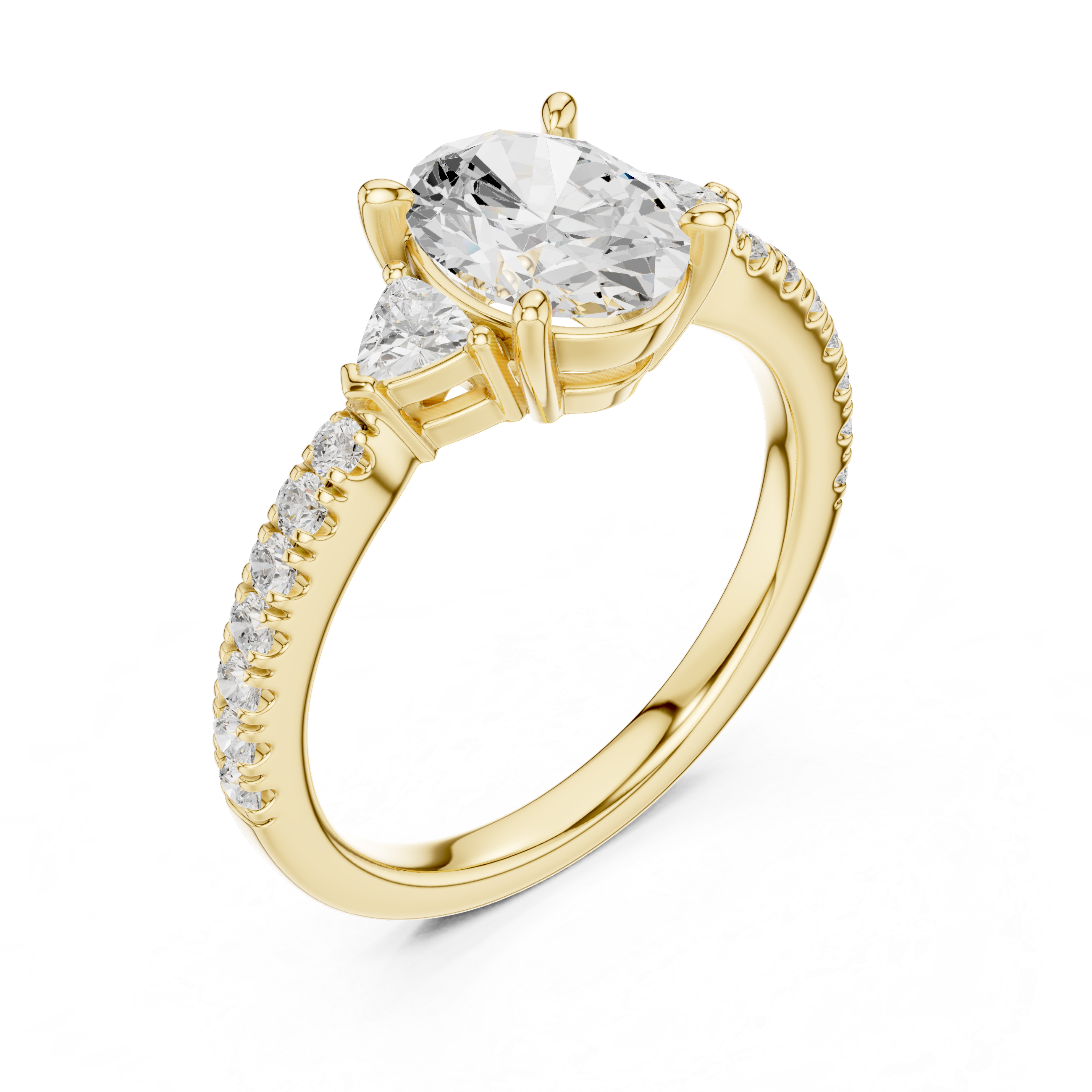 Gold ring with a large diamond and smaller diamonds on the band against a white background