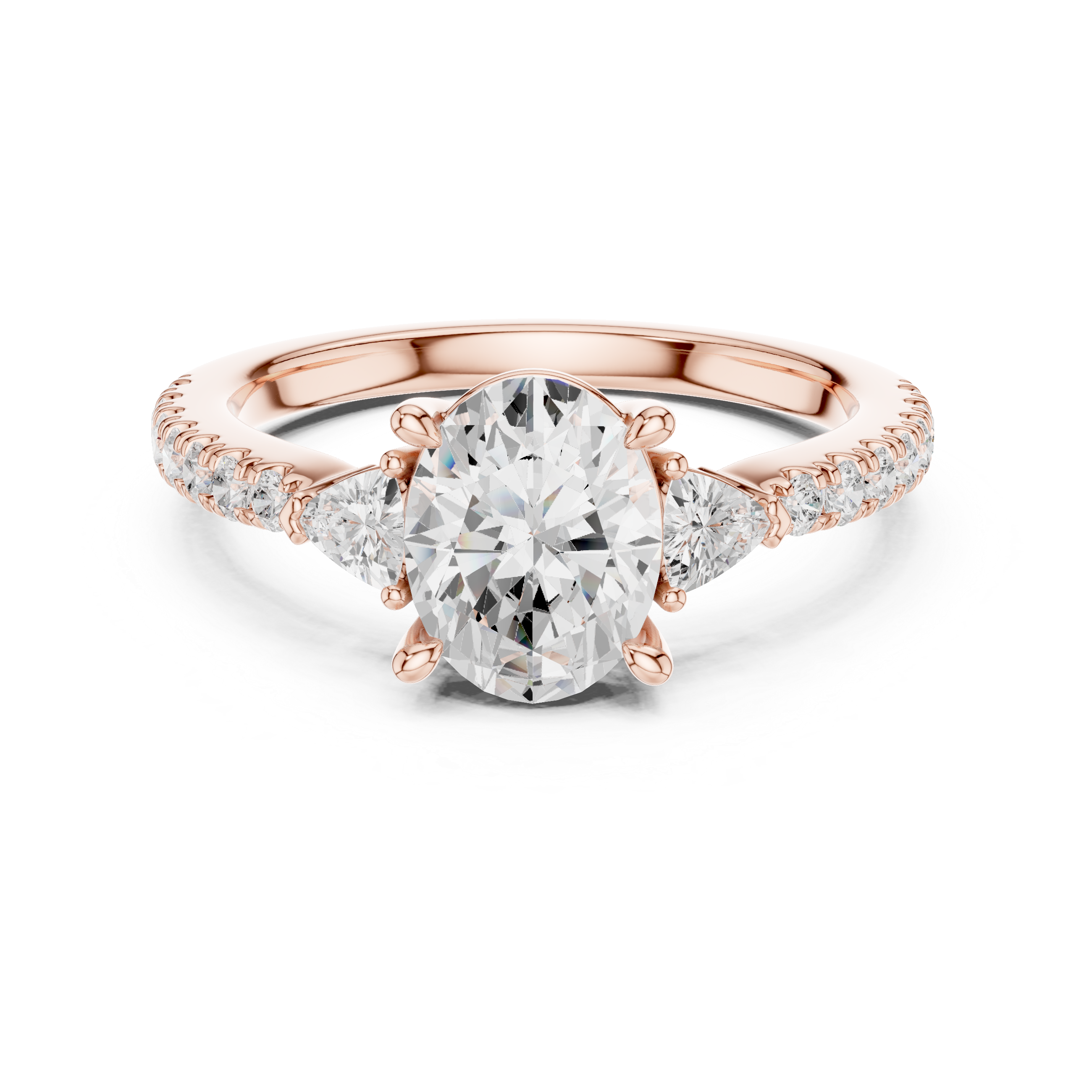 Rose gold ring with a large diamond and smaller diamonds on a white background