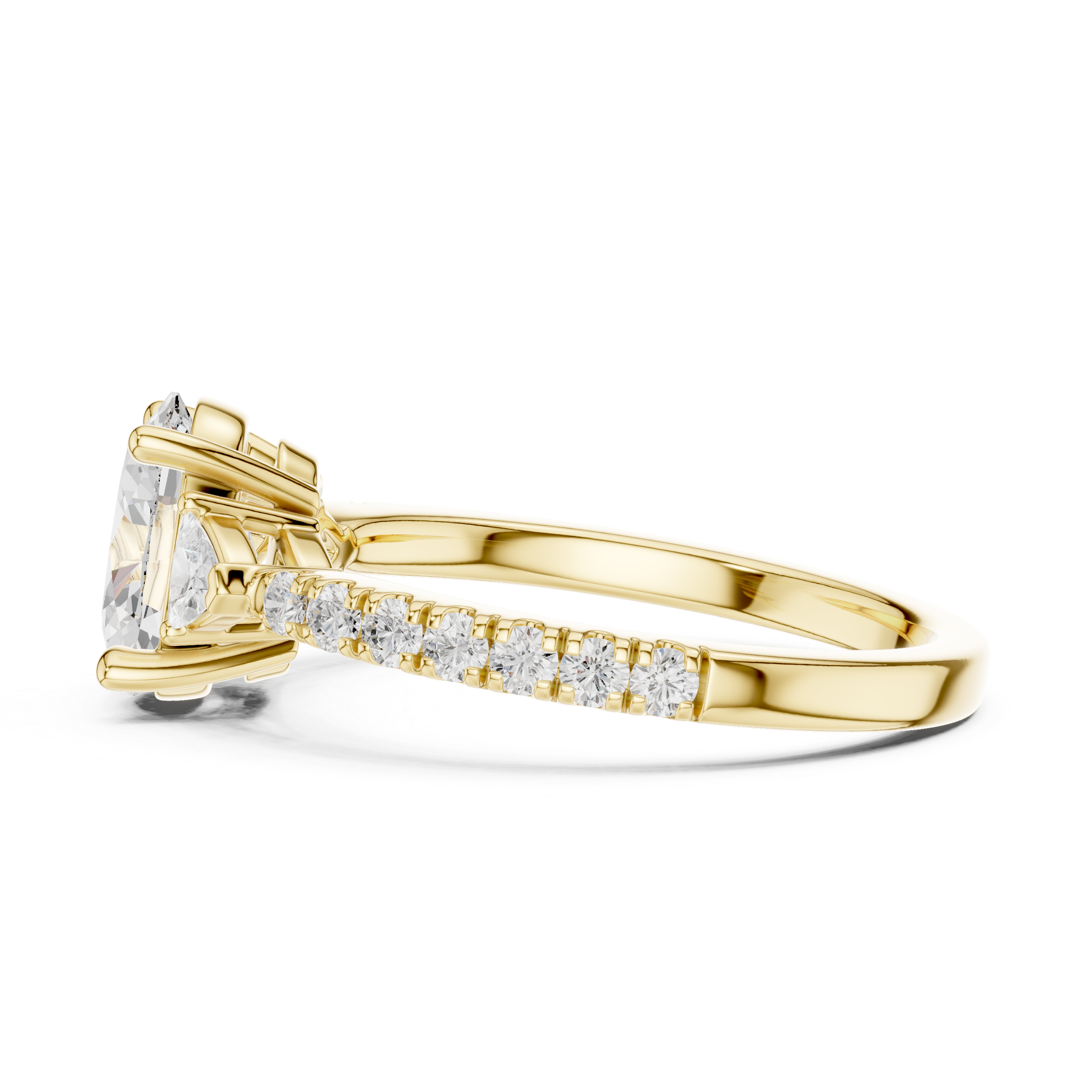 Gold ring with diamond accents on a white background