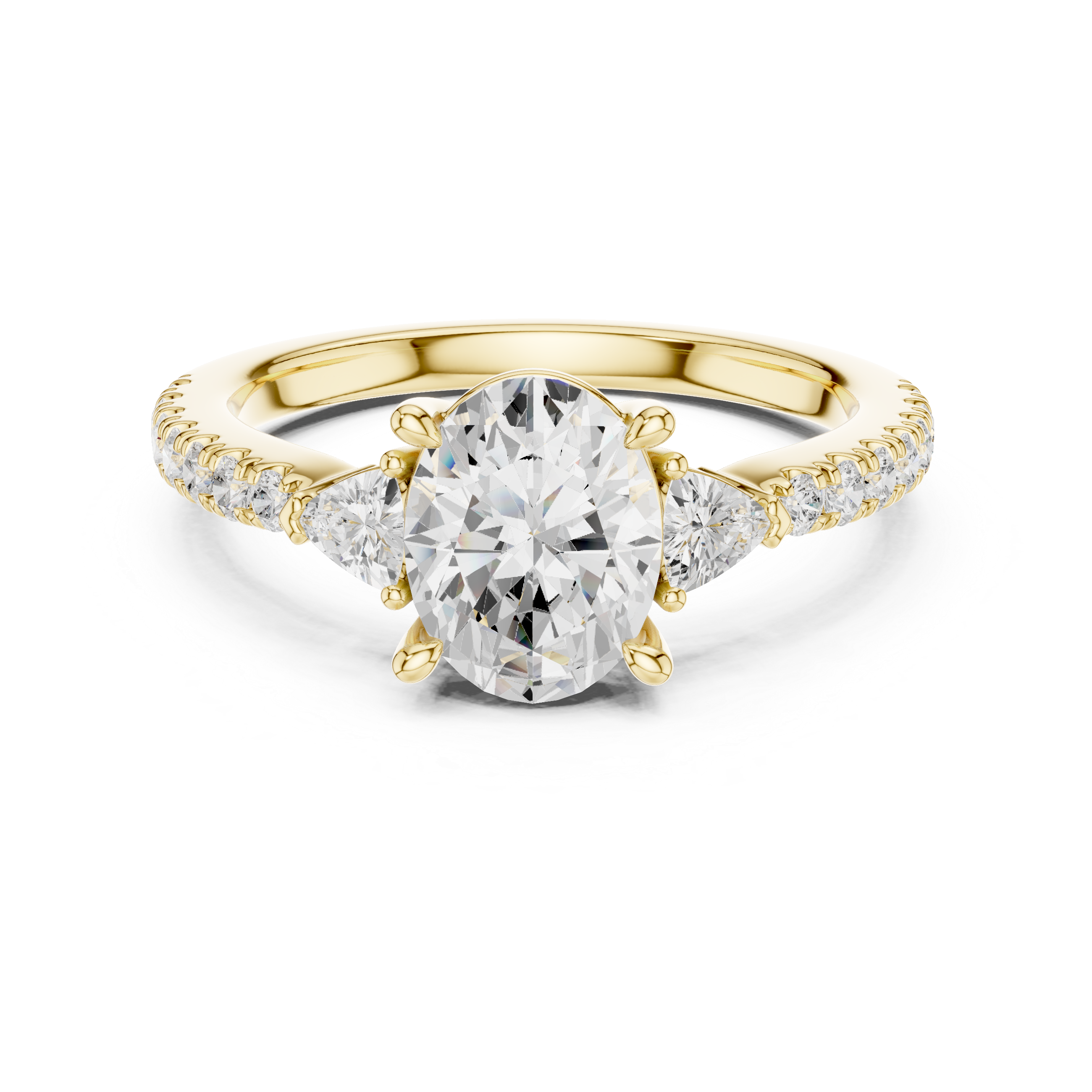 Gold ring with a large diamond and smaller diamonds on the sides against a white background