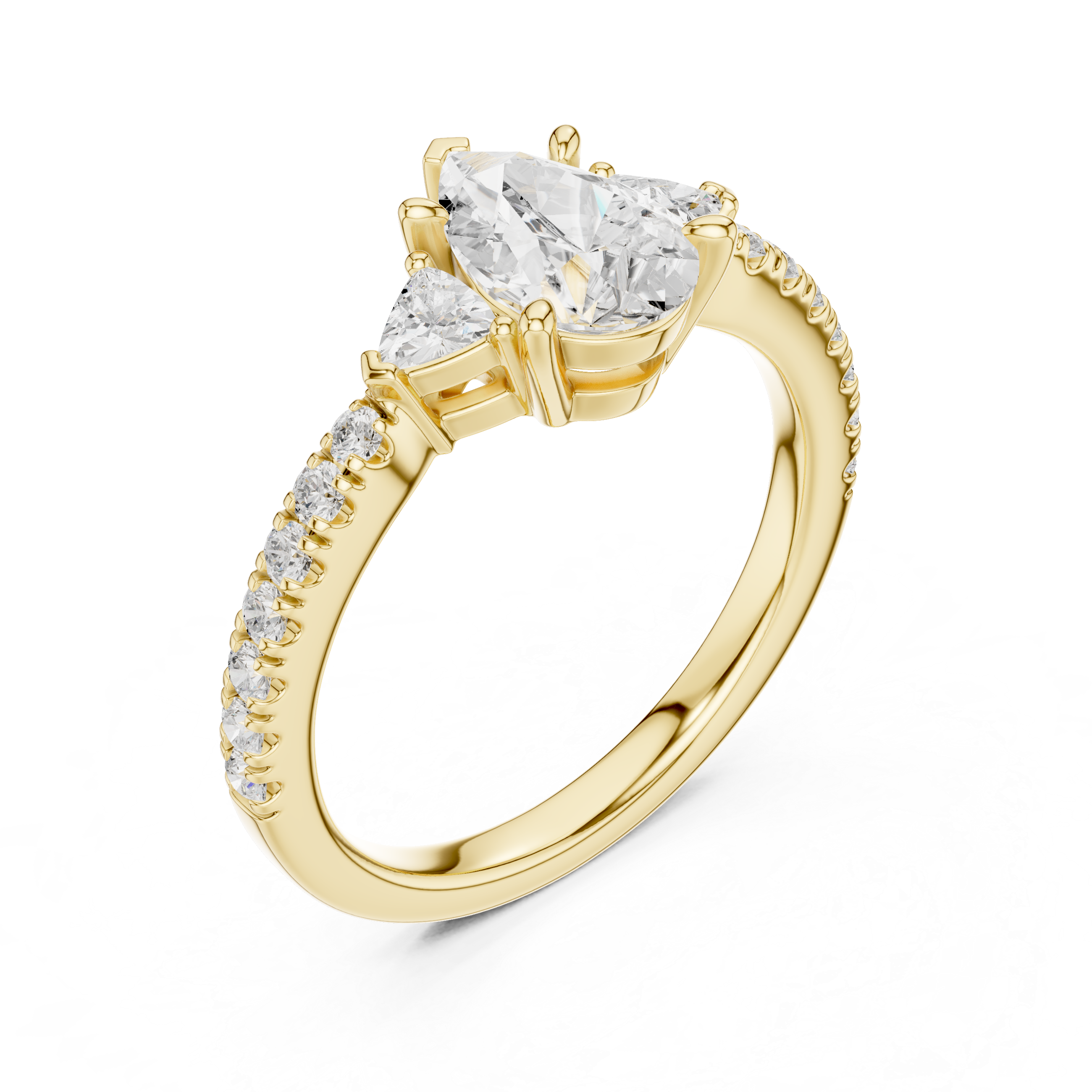 Gold ring with a large diamond and smaller diamonds on a white background