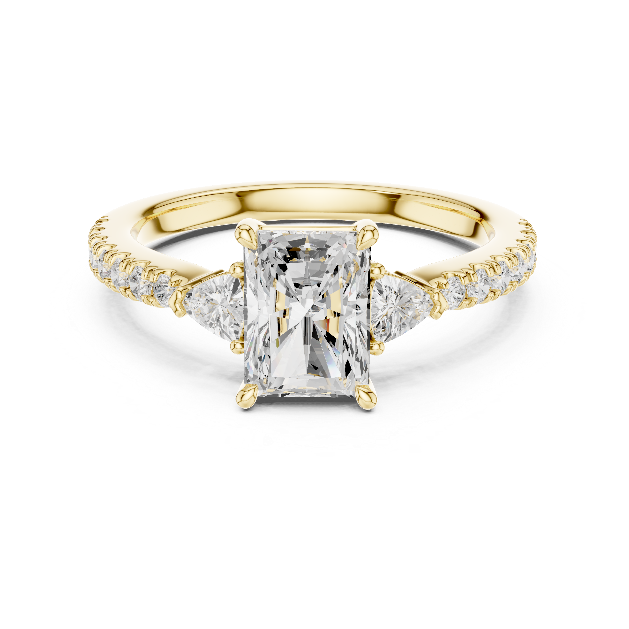 Gold ring with a large diamond and smaller diamonds on the band against a white background